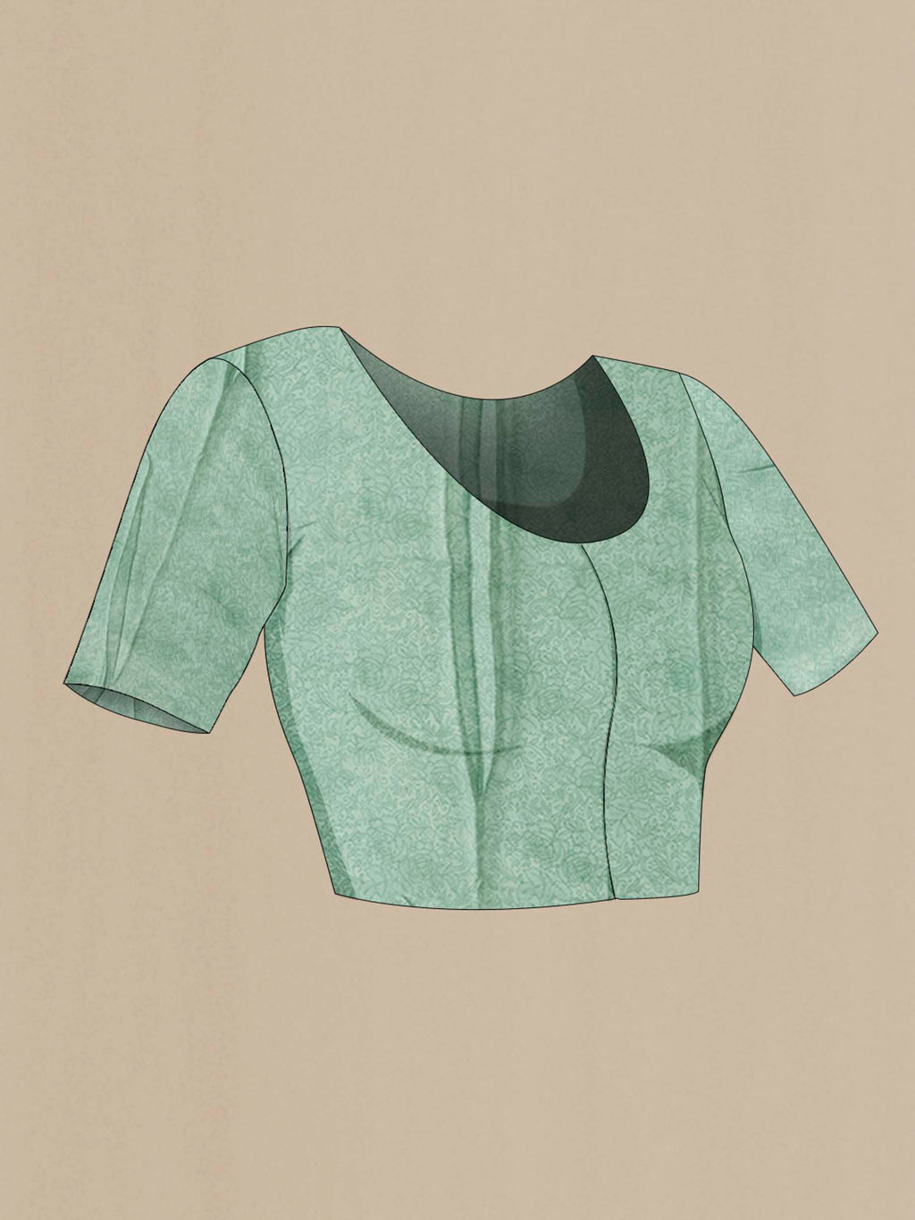 Close up image of the blouse of Sage Green Crepe Saree with Printed design on the body and Printed Border