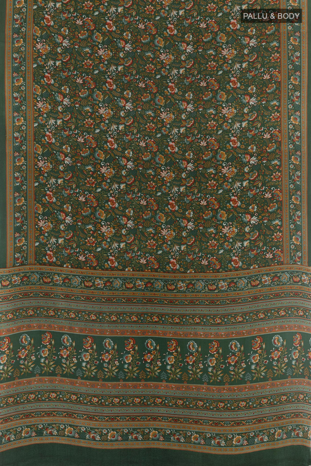 Flat view of Green Crepe Saree with Printed design on the body and Printed Border. 