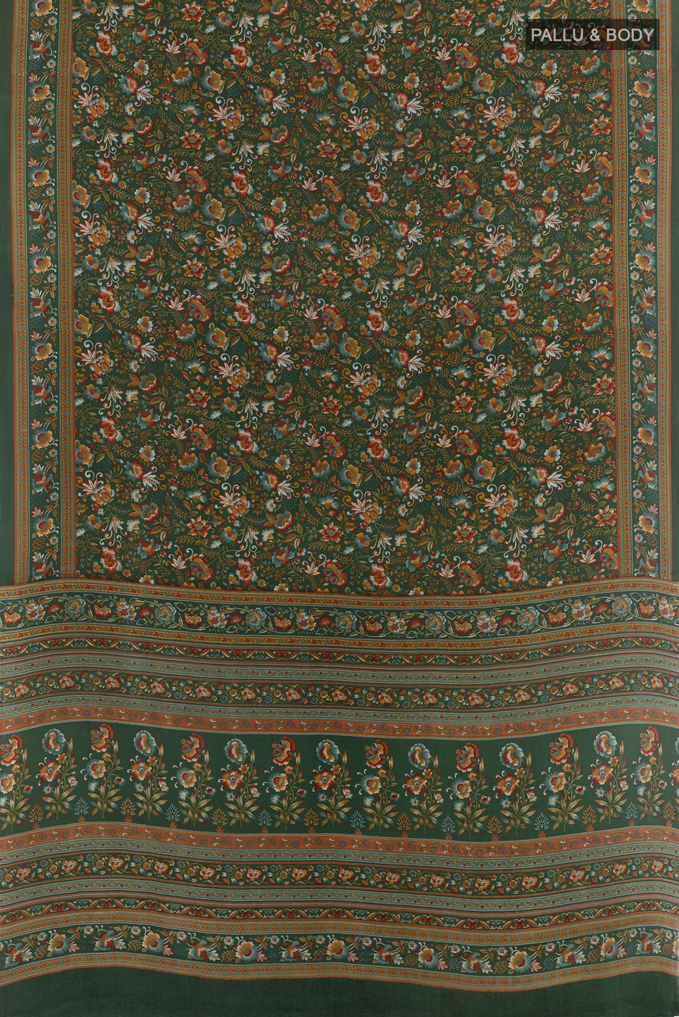 Flat view of Green Crepe Saree with Printed design on the body and Printed Border. 
