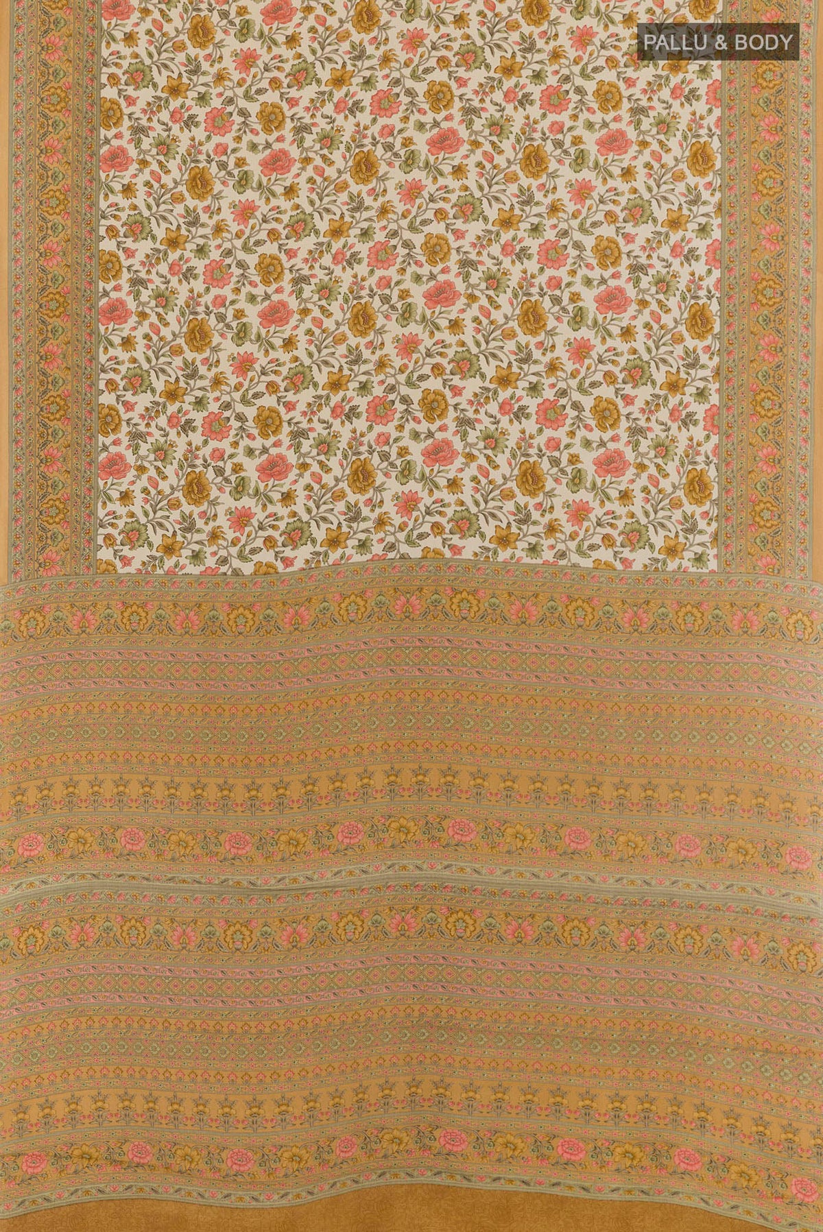 Flat view of Off White Crepe Saree with Printed design on the body and Plain Border. 