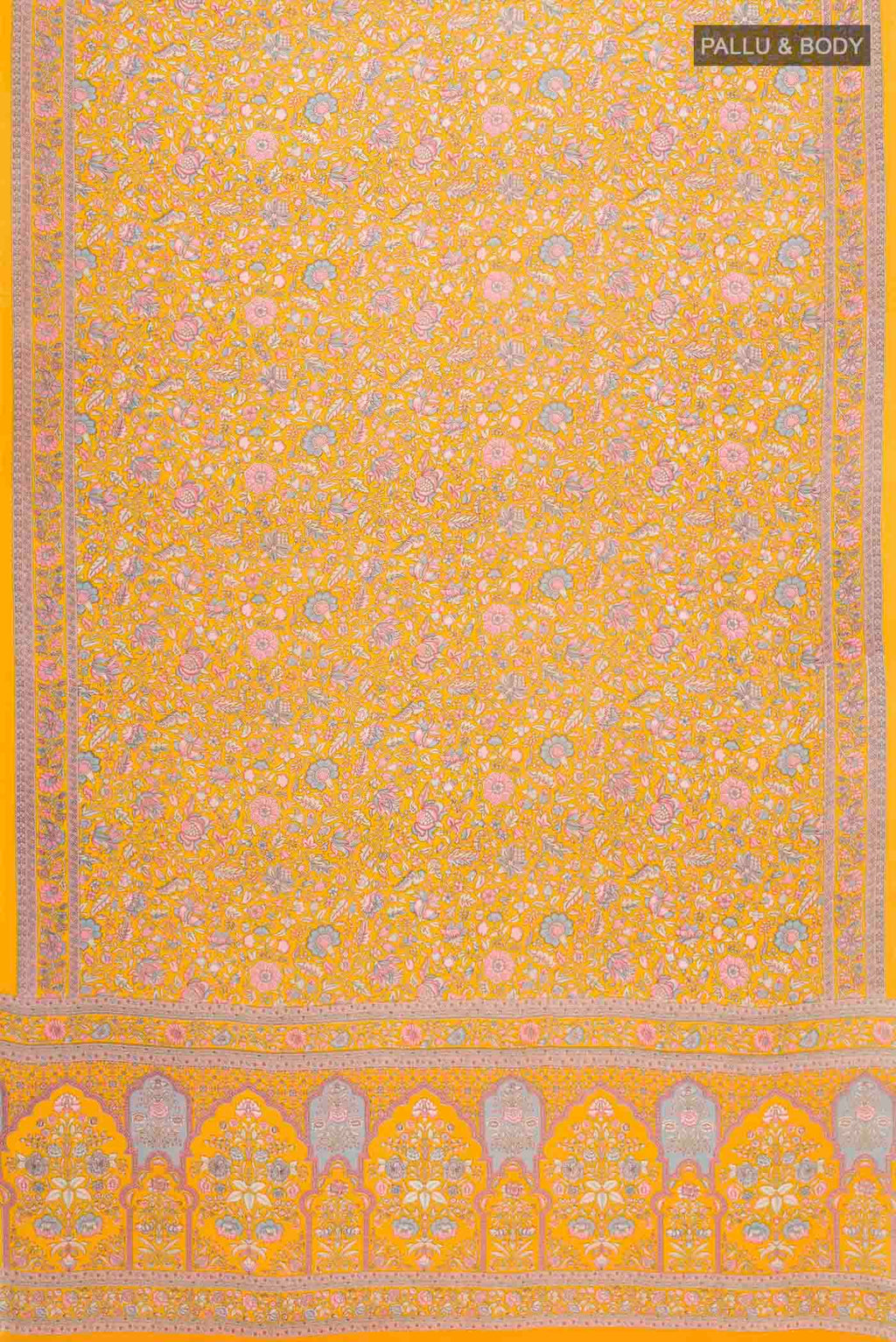 Flat view of Yellow Mysore Crepe Saree with Printed design on the body and Printed Border