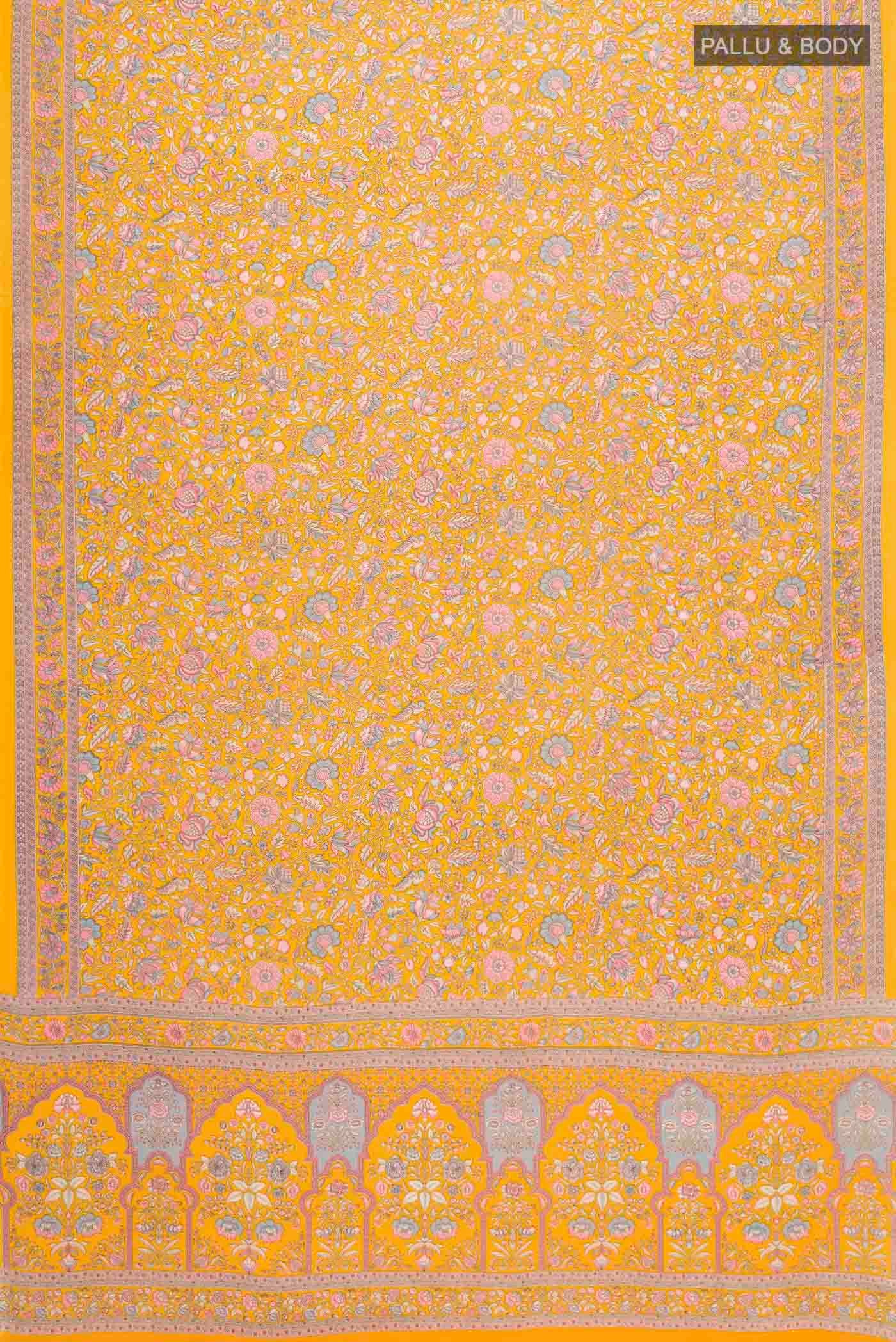 Flat view of Yellow Mysore Crepe Saree with Printed design on the body and Printed Border