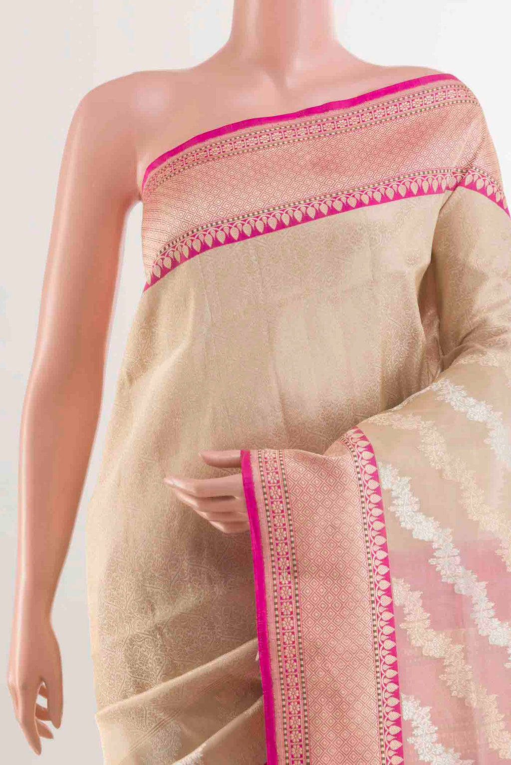 Border image of Cream Banarasi Silk Saree with Zari Brocade on the body and Zari Border