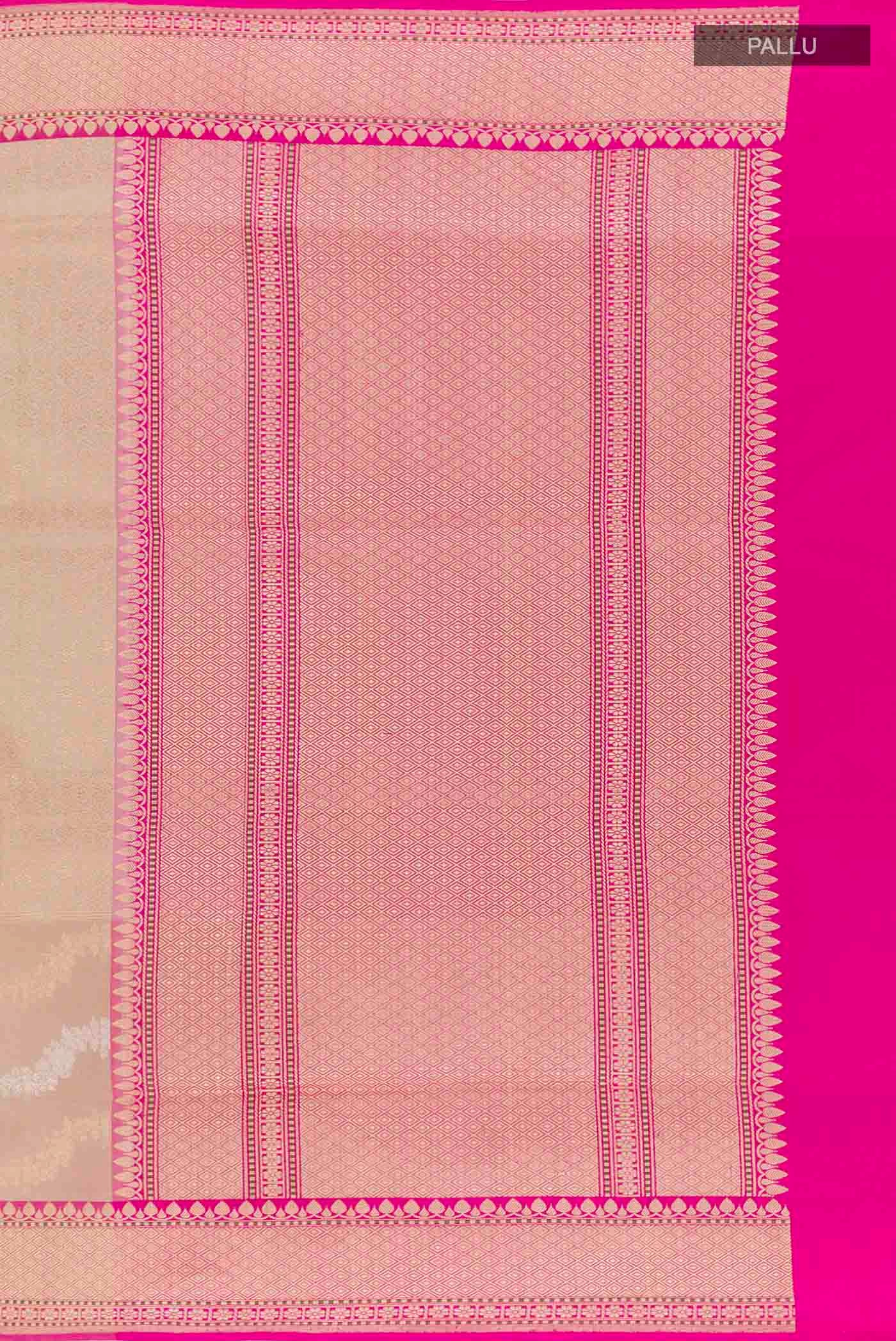 Close up image of the pallu of Cream Banarasi Silk Saree with Zari Brocade on the body and Zari Border