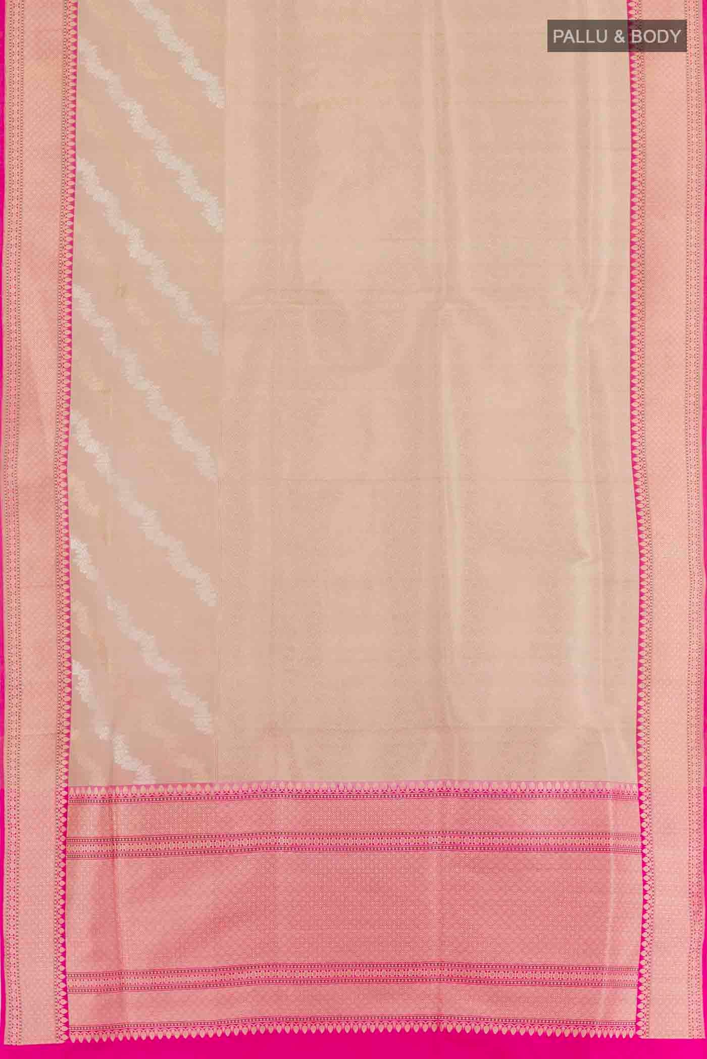 Flat view of Cream Banarasi Silk Saree with Zari Brocade on the body and Zari Border