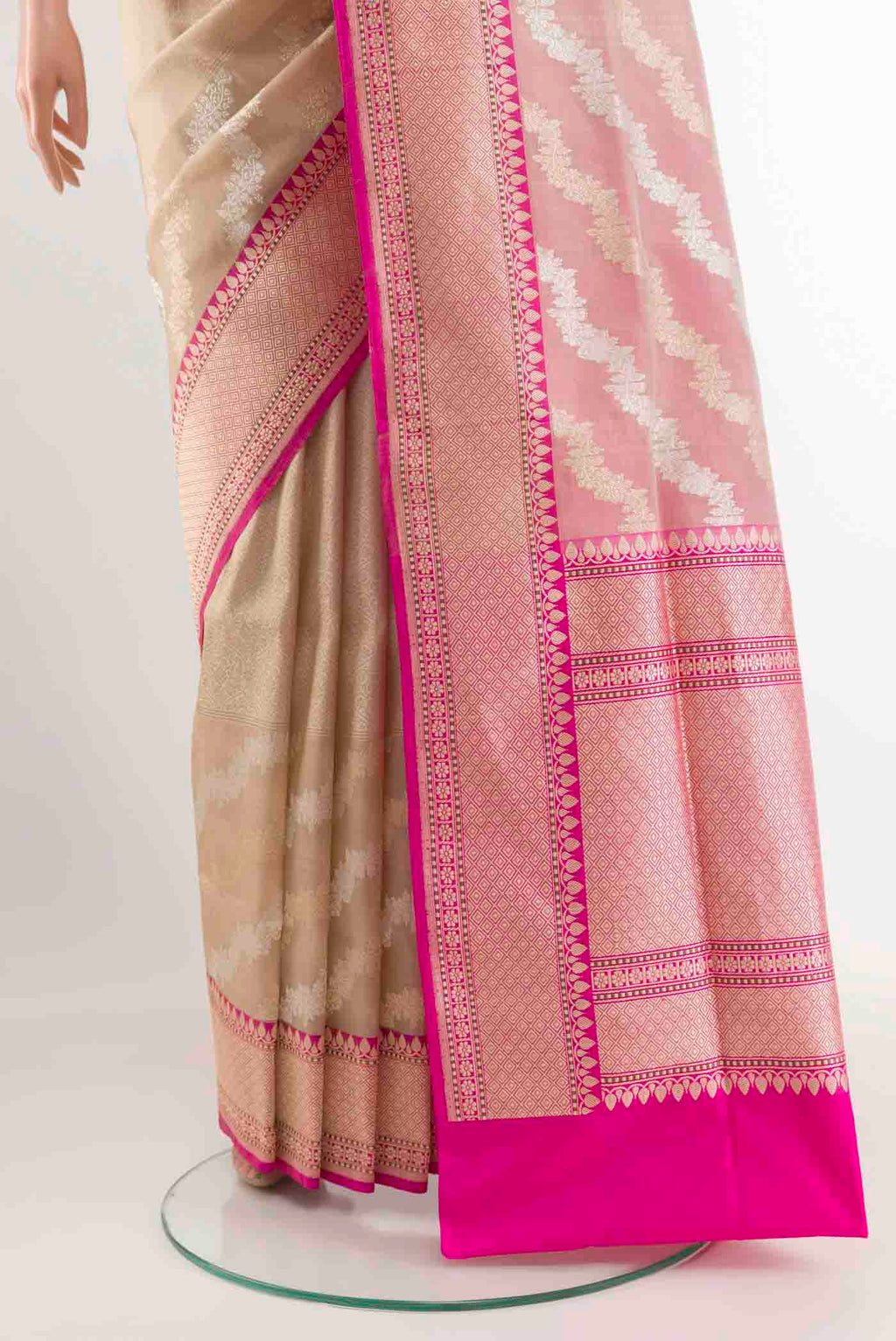Pleats and pallu of Cream Banarasi Silk Saree with Zari Brocade on the body and Zari Border