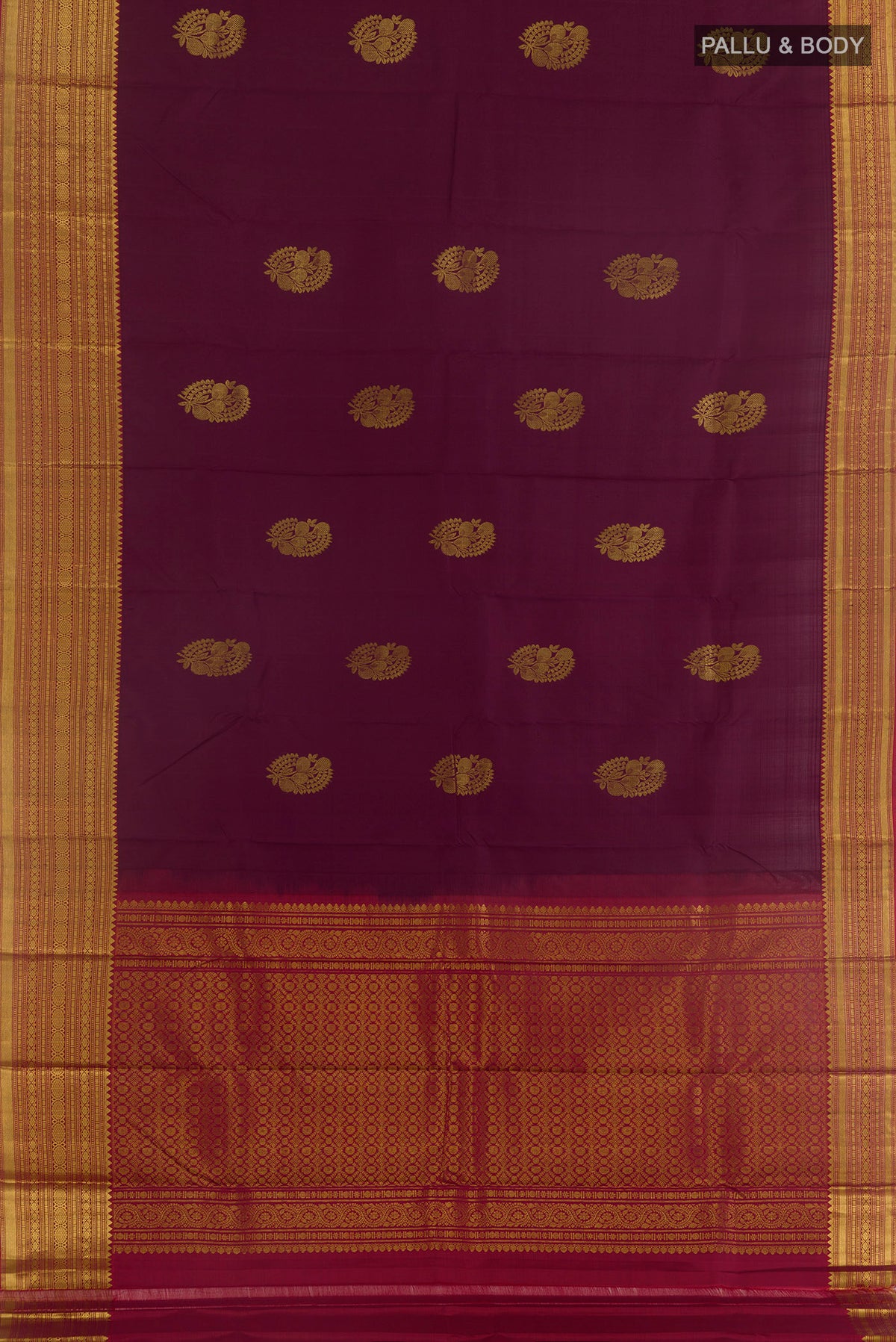 Flat view of Pure Silk Purple Kanchipuram Saree with Zari Butta on the body and Zari Border. 
