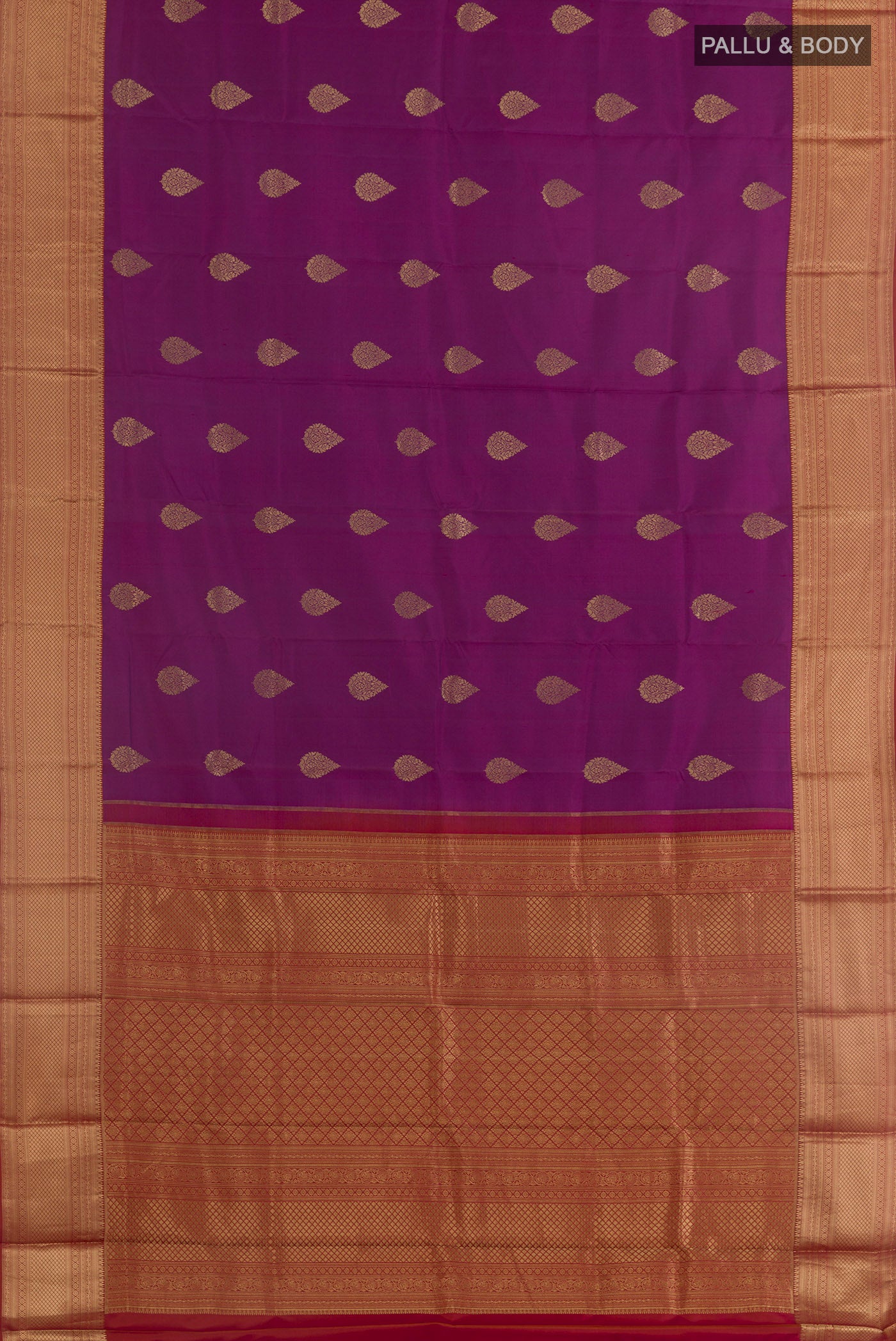 Flat view of Pure Silk Purple Kanjivaram Saree with Zari Butta on the body and Zari Border. 
