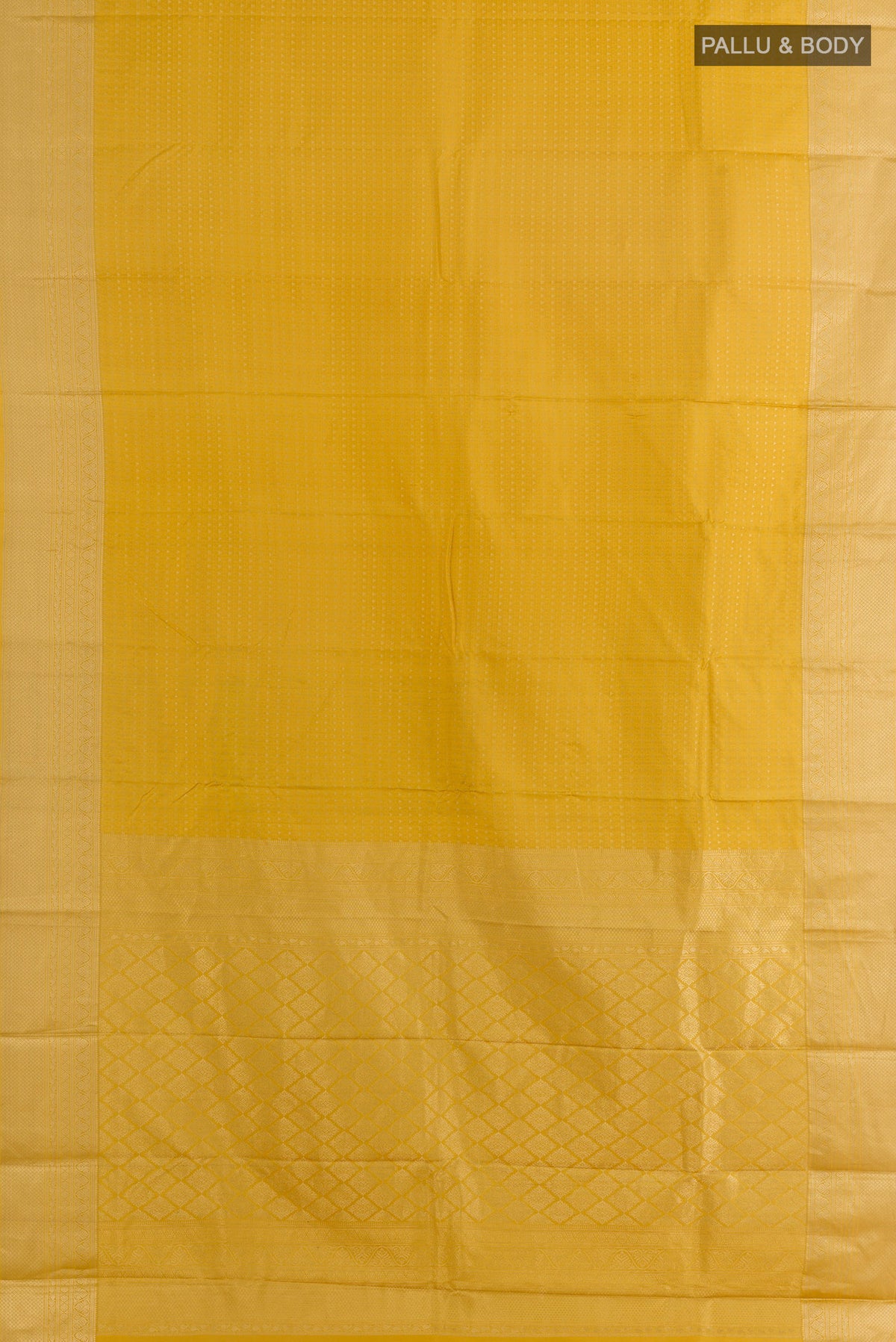 Flat view of Pure Silk Yellow Kanchipuram Saree with Jacquard With Zari Butta on the body and Zari Border. 