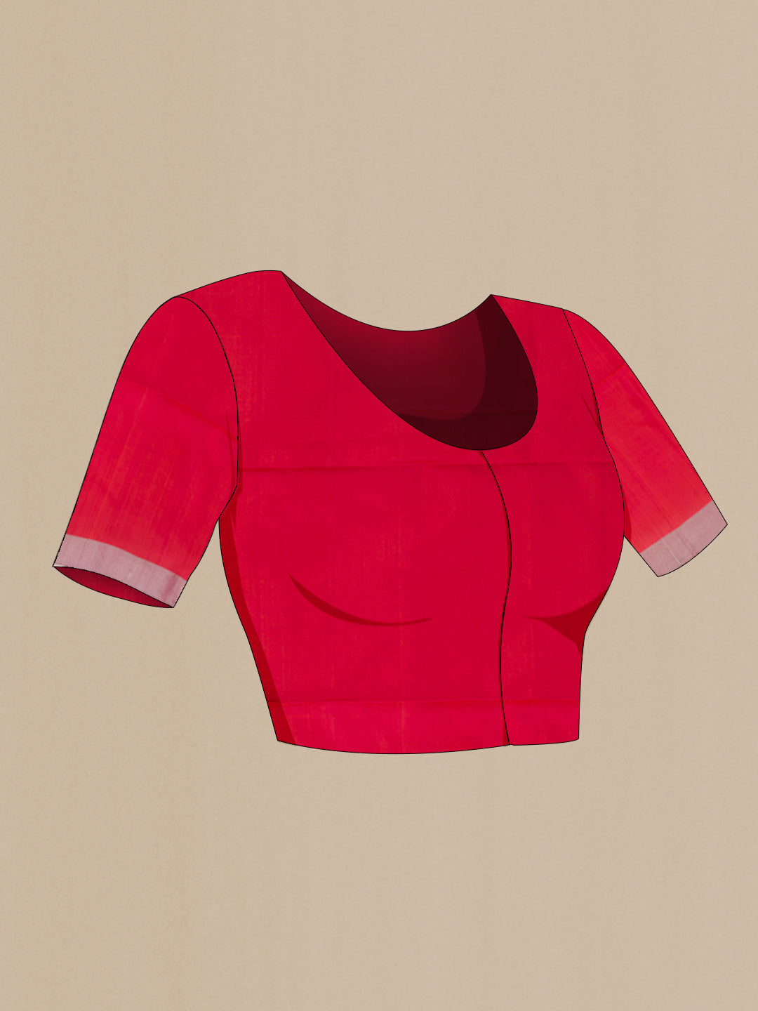 Close up image of the blouse of Red Soft Silk Saree with Zari Butta on the body and Zari Border. 