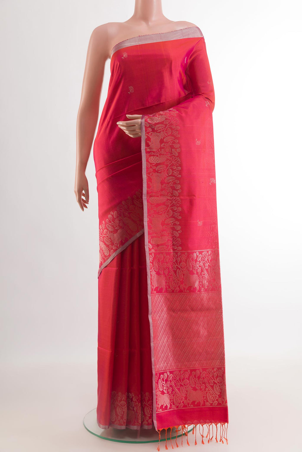 Red Soft Silk Saree with Zari Butta on the body and Zari Border.  displayed on a mannequin