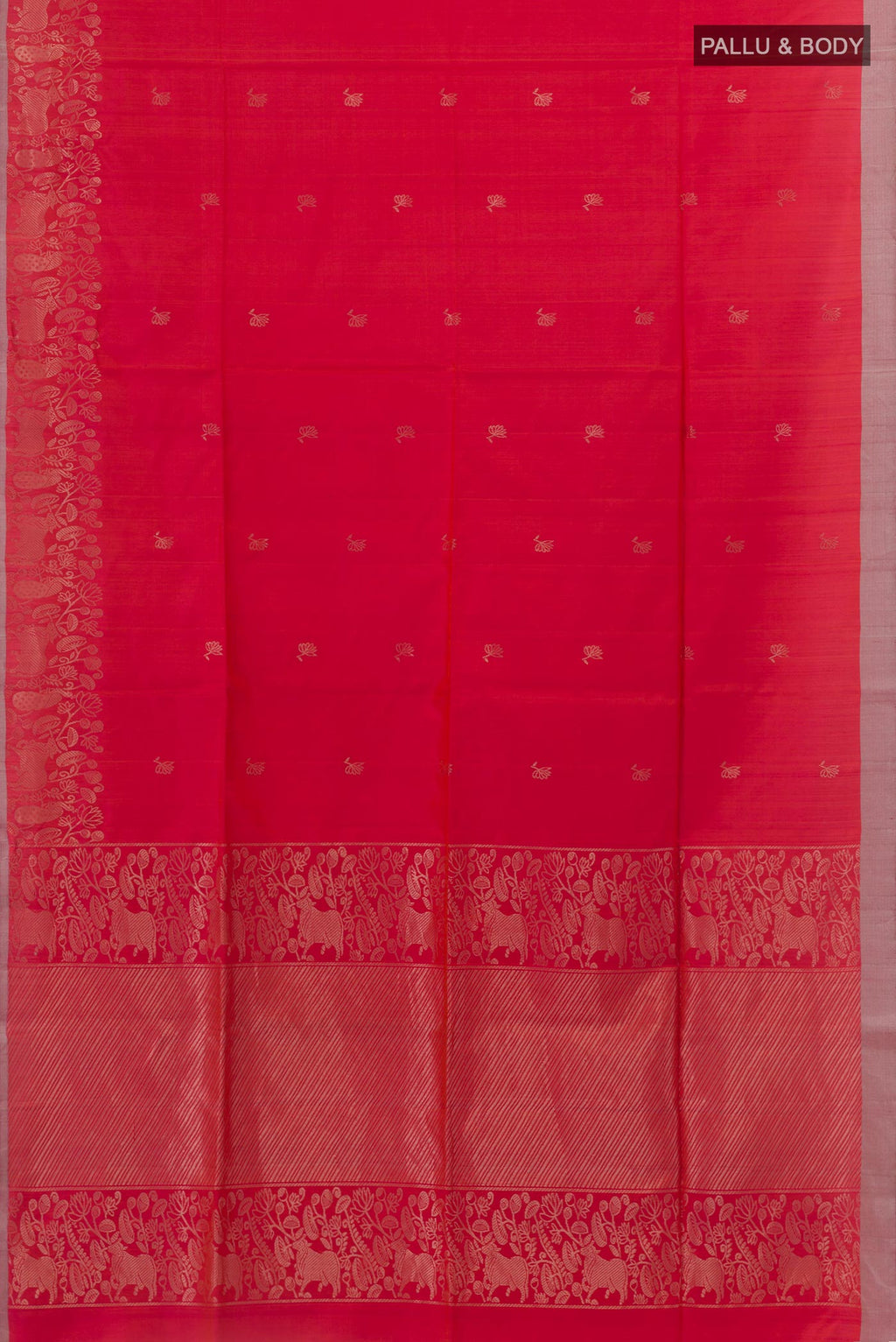 Flat view of Red Soft Silk Saree with Zari Butta on the body and Zari Border. 