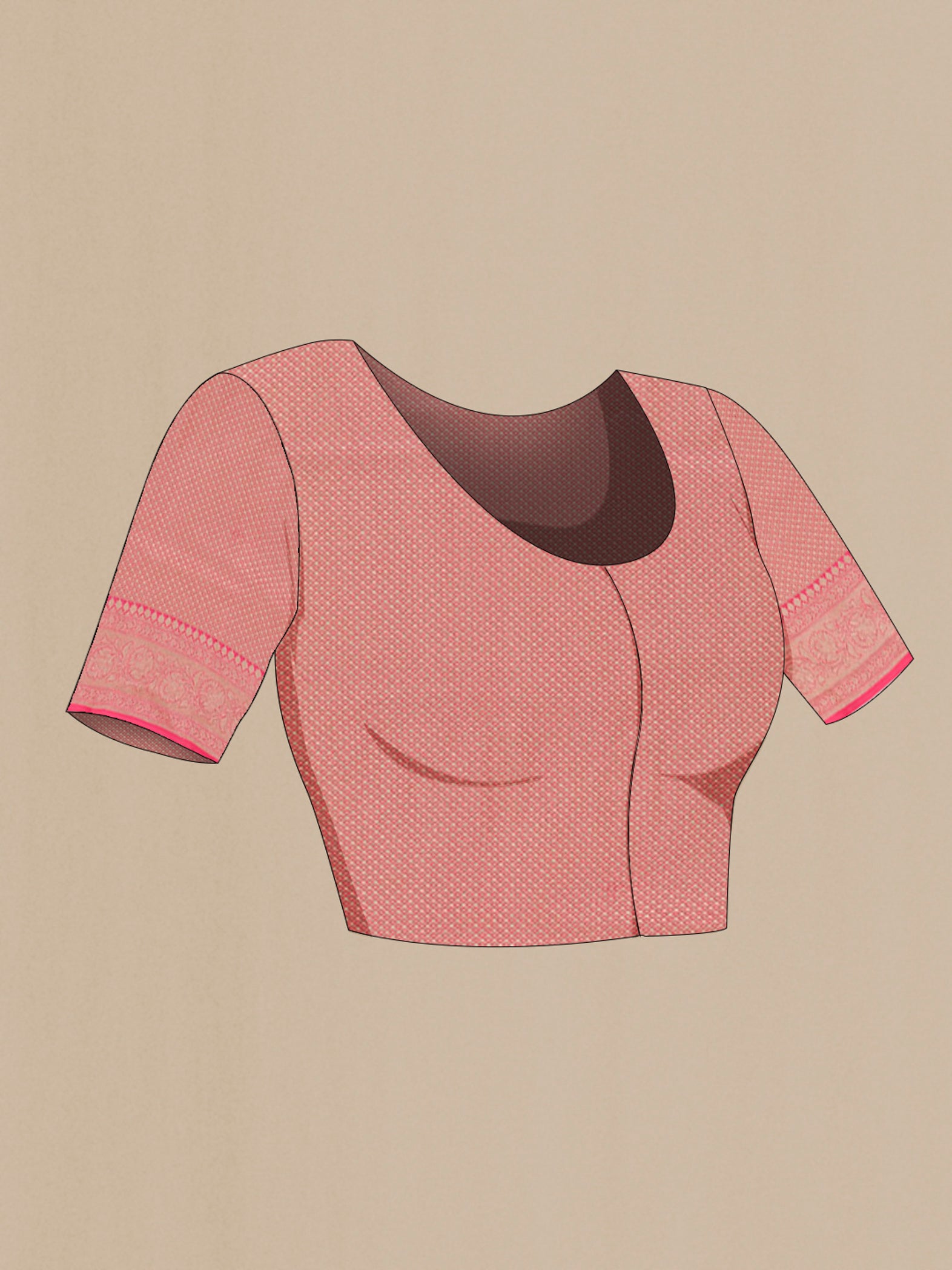 Close up image of the blouse of Off White Banarasi Silk Saree with Plain Body and Zari Border. 