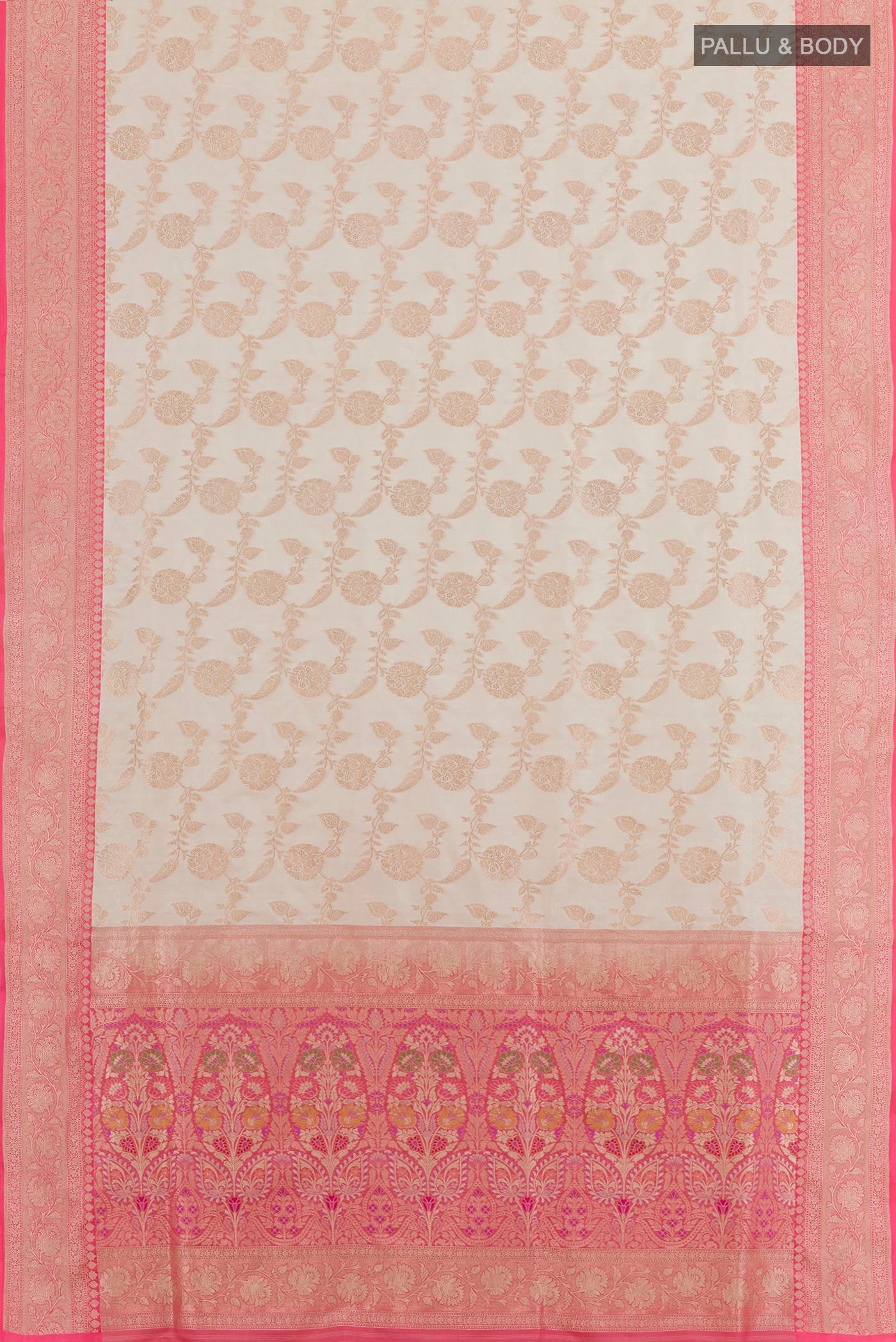 Flat view of Off White Banarasi Silk Saree with Plain Body and Zari Border. 