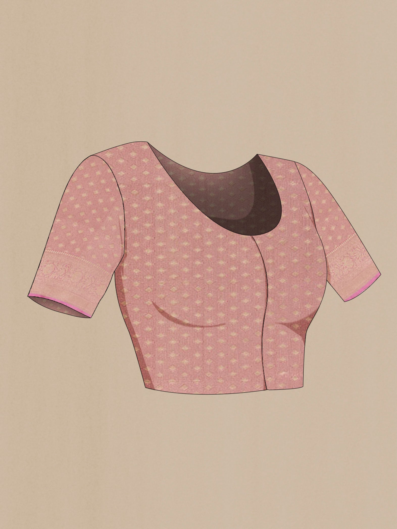 Close up image of the blouse of Lavender Banarasi Tissue Silk Saree with Zari Butta on the body and Zari Border. 