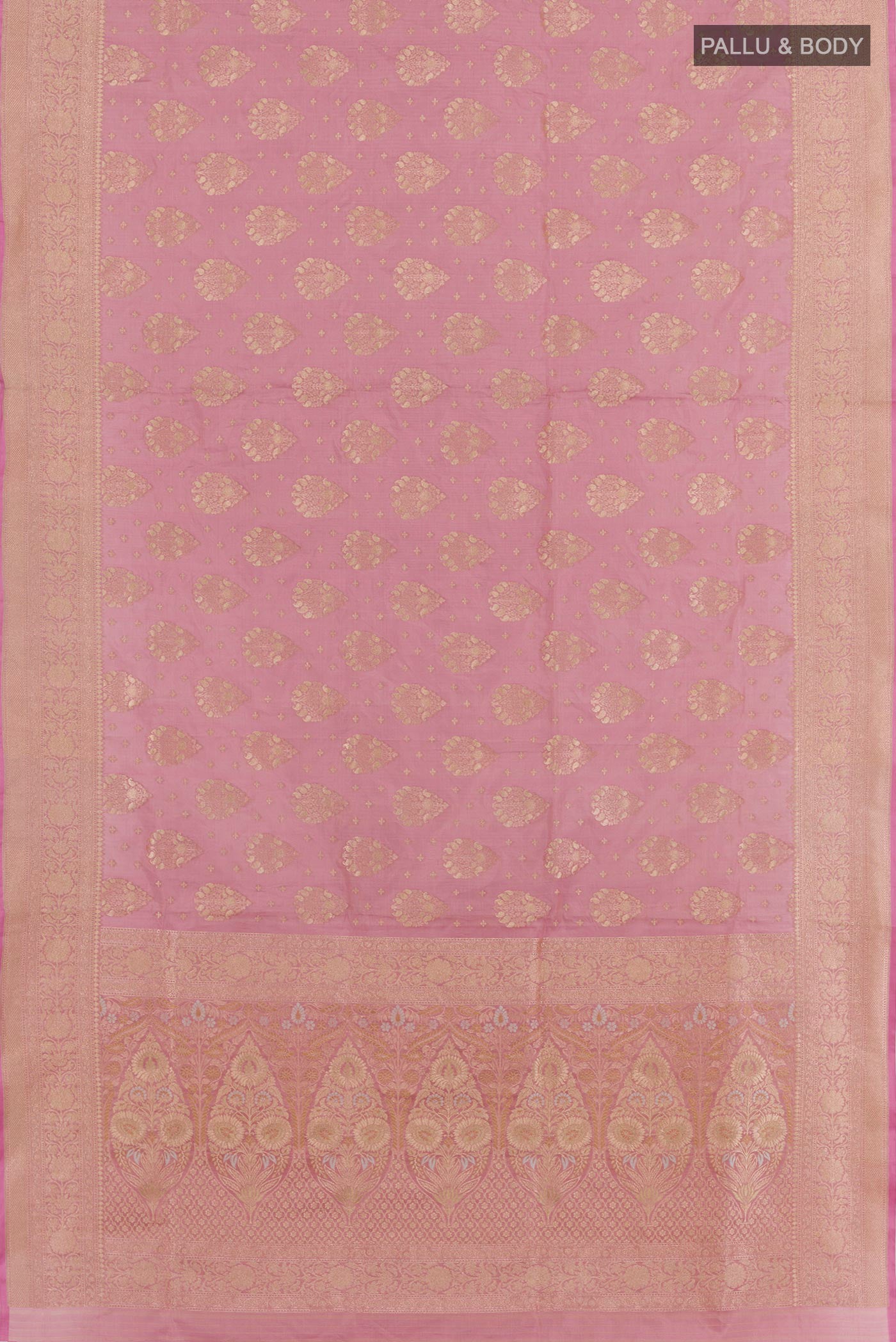 Flat view of Lavender Banarasi Tissue Silk Saree with Zari Butta on the body and Zari Border. 