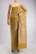 Yellow Banarasi Silk Saree with Zari Butta on the body and Zari Border displayed on a mannequin