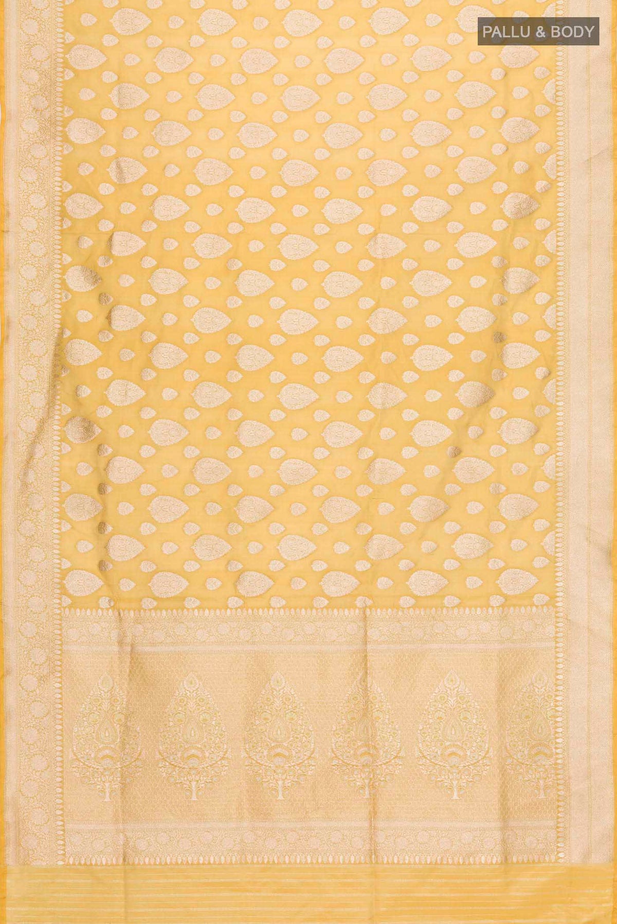 Flat view of Yellow Banarasi Silk Saree with Zari Butta on the body and Zari Border