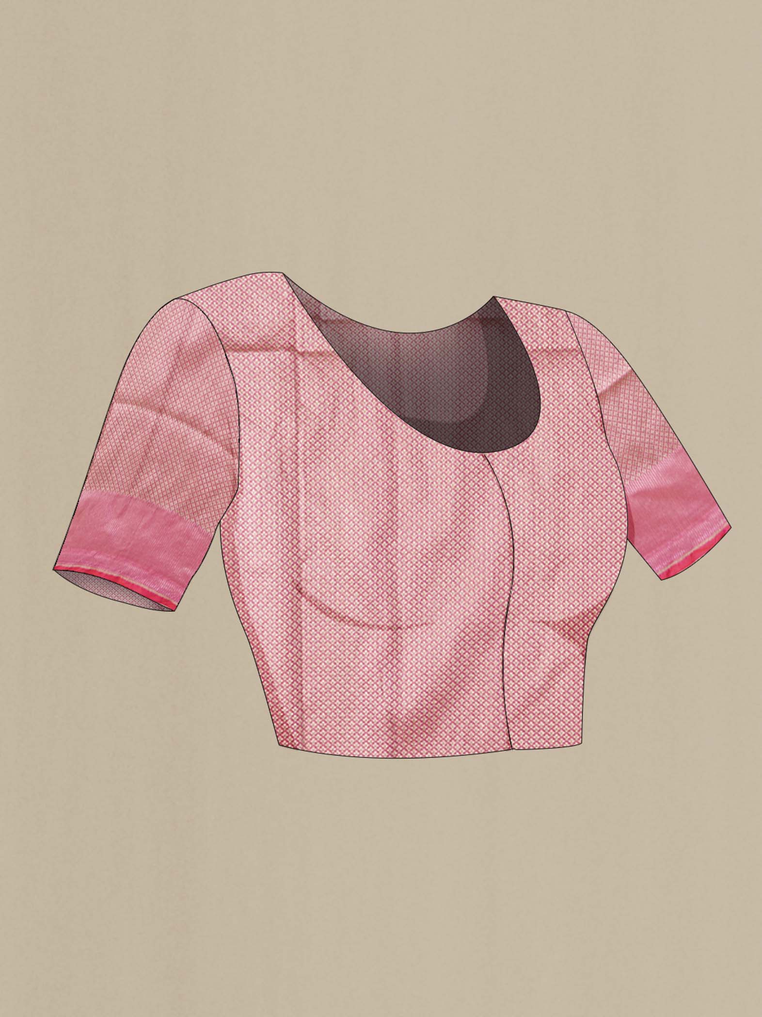 Close up image of the blouse of Pink Banarasi Silk Saree with Zari Butta on the body and Zari Border