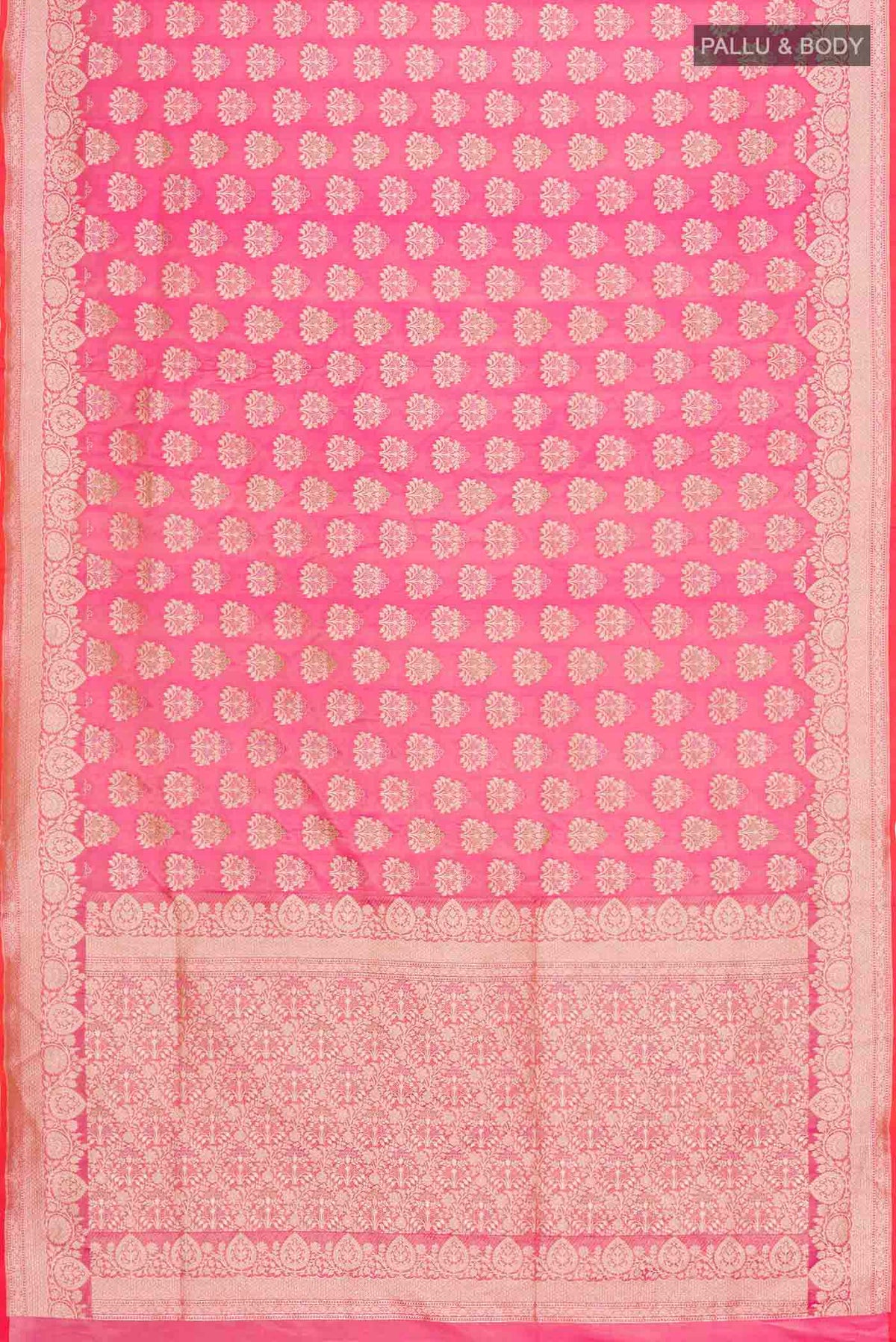 Flat view of Pink Banarasi Silk Saree with Zari Butta on the body and Zari Border