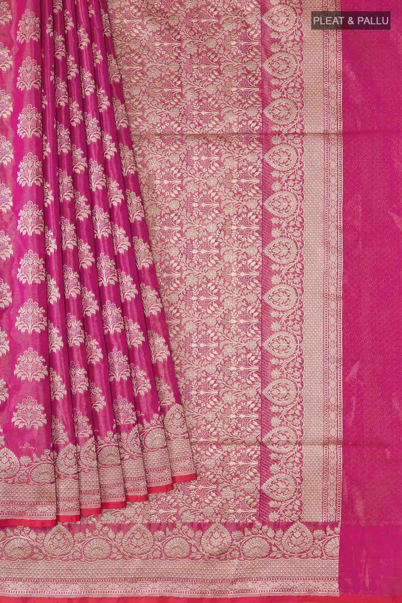 Pleats and pallu of Pink Banarasi Silk Saree with Zari Butta on the body and Zari Border