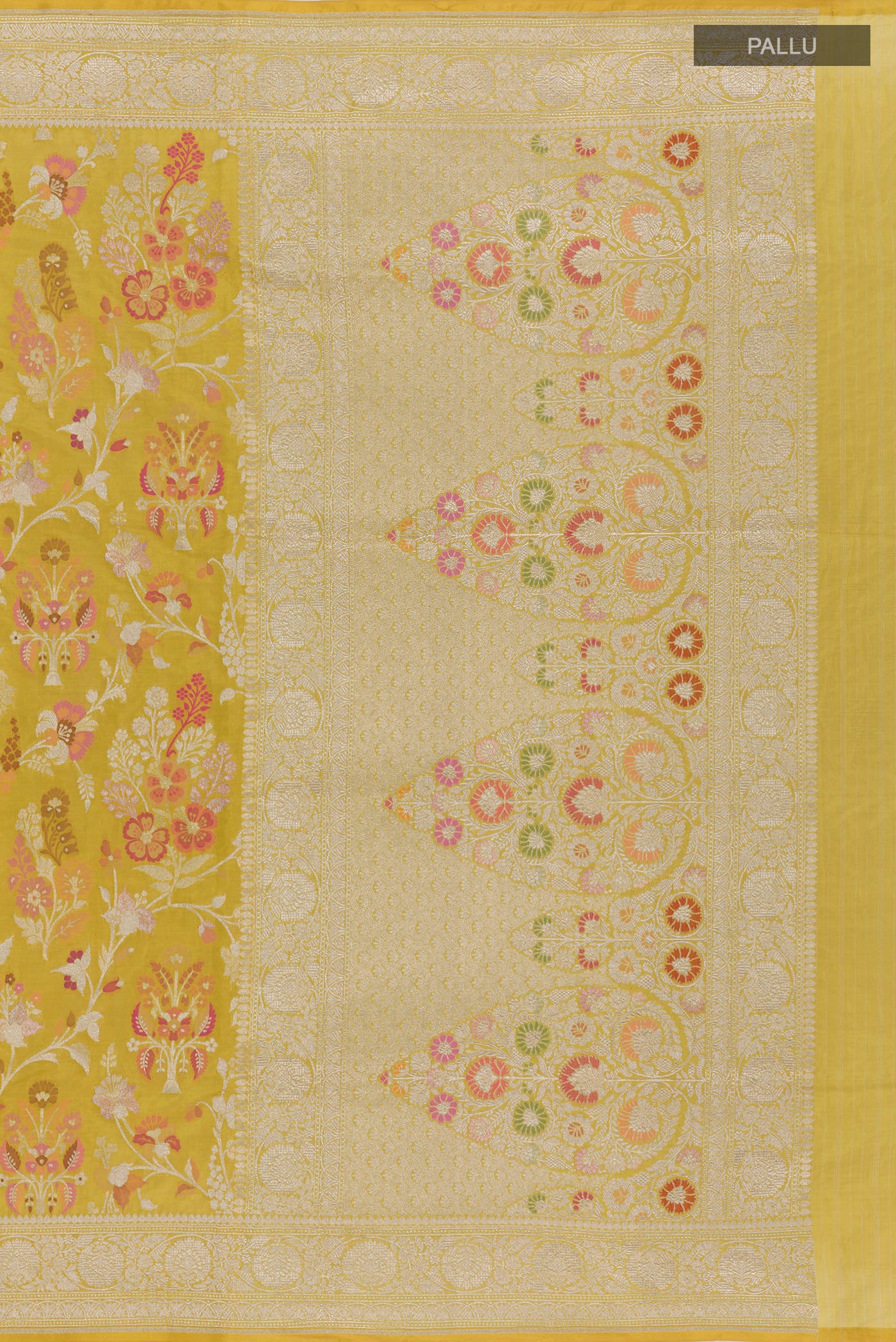 Close up image of the pallu of Yellow Banarasi Tissue Silk Saree with Zari Butta on the body and Zari Border. 