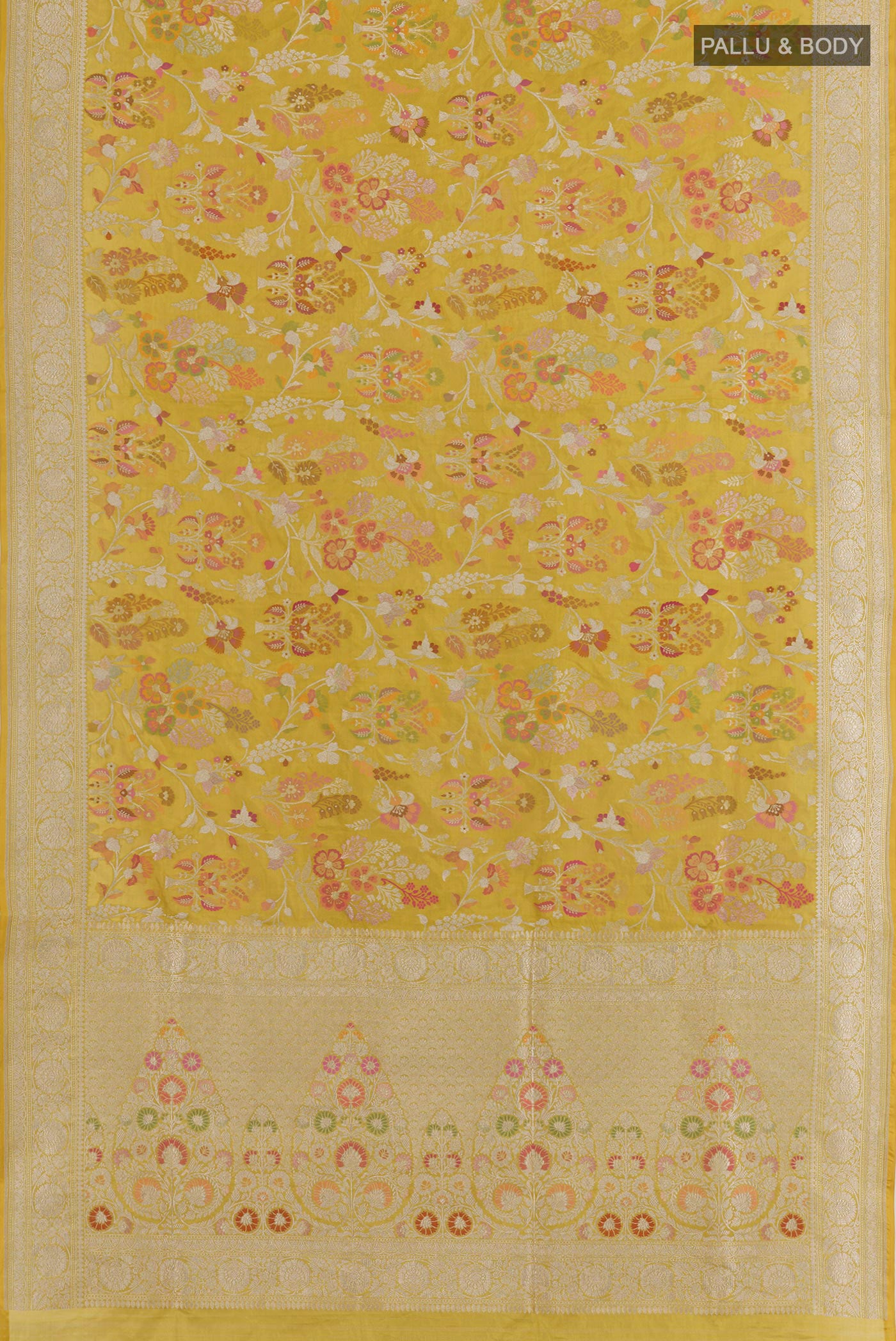 Flat view of Yellow Banarasi Tissue Silk Saree with Zari Butta on the body and Zari Border. 