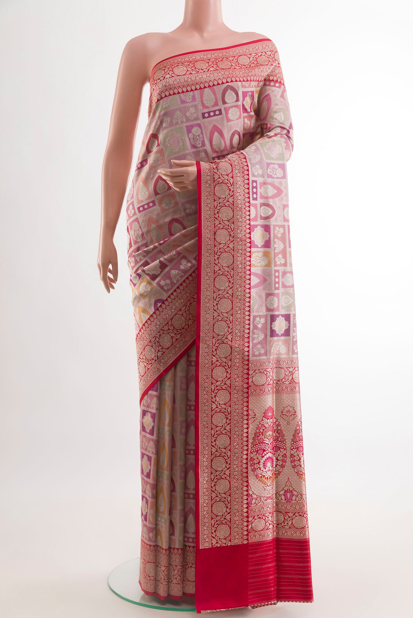 Multi Color Banarasi Silk Saree with Zari Brocade on the body and Zari Border.  displayed on a mannequin