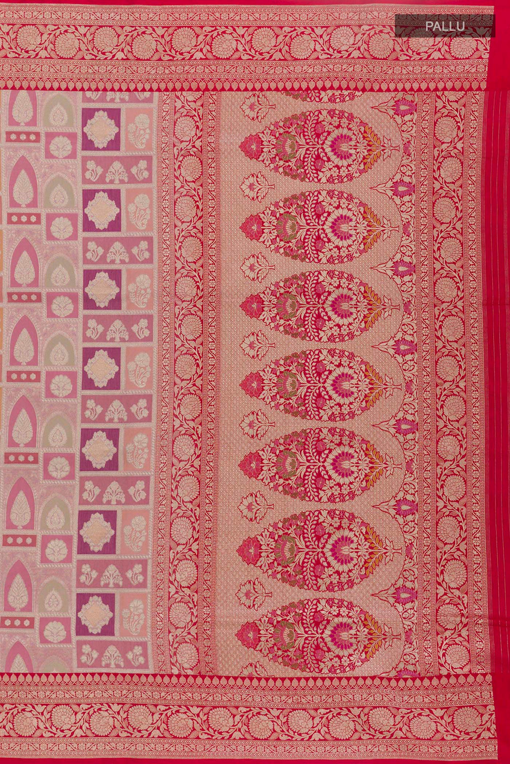 Close up image of the pallu of Multi Color Banarasi Silk Saree with Zari Brocade on the body and Zari Border. 