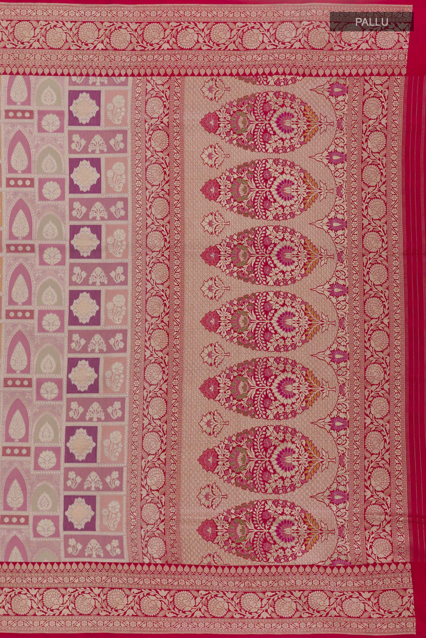 Close up image of the pallu of Multi Color Banarasi Silk Saree with Zari Brocade on the body and Zari Border. 