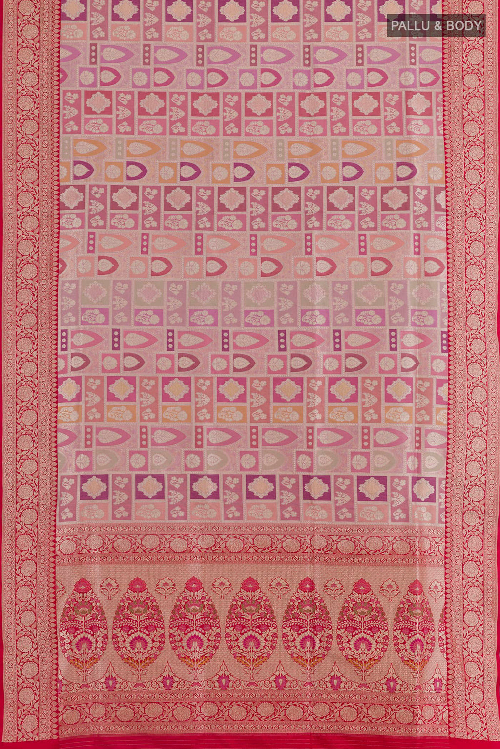 Flat view of Multi Color Banarasi Silk Saree with Zari Brocade on the body and Zari Border. 