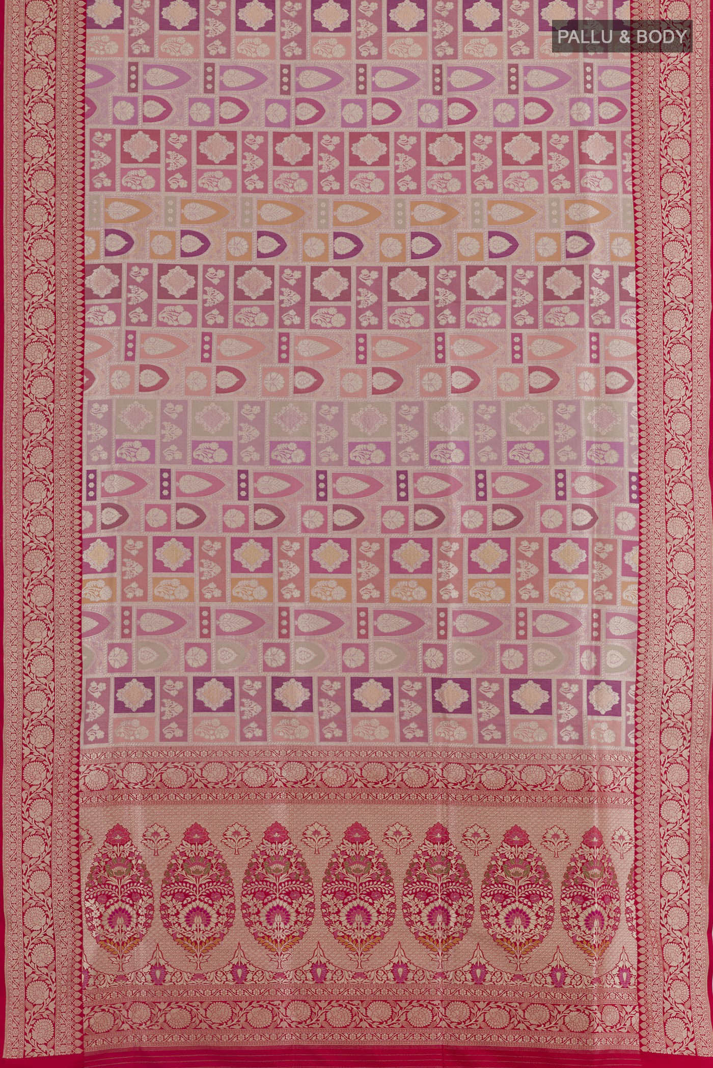 Flat view of Multi Color Banarasi Silk Saree with Zari Brocade on the body and Zari Border. 