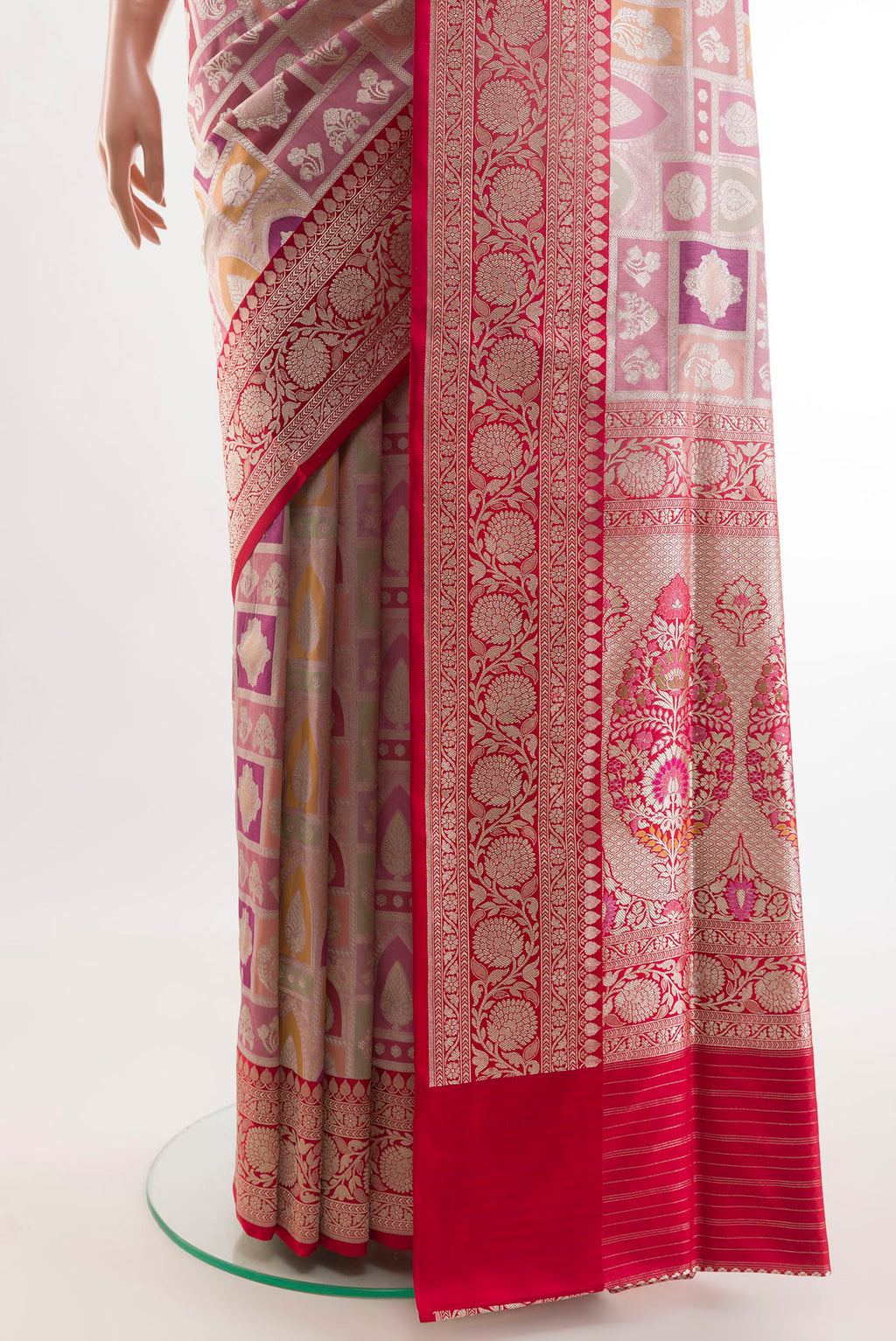 Pleats and pallu of Multi Color Banarasi Silk Saree with Zari Brocade on the body and Zari Border. 