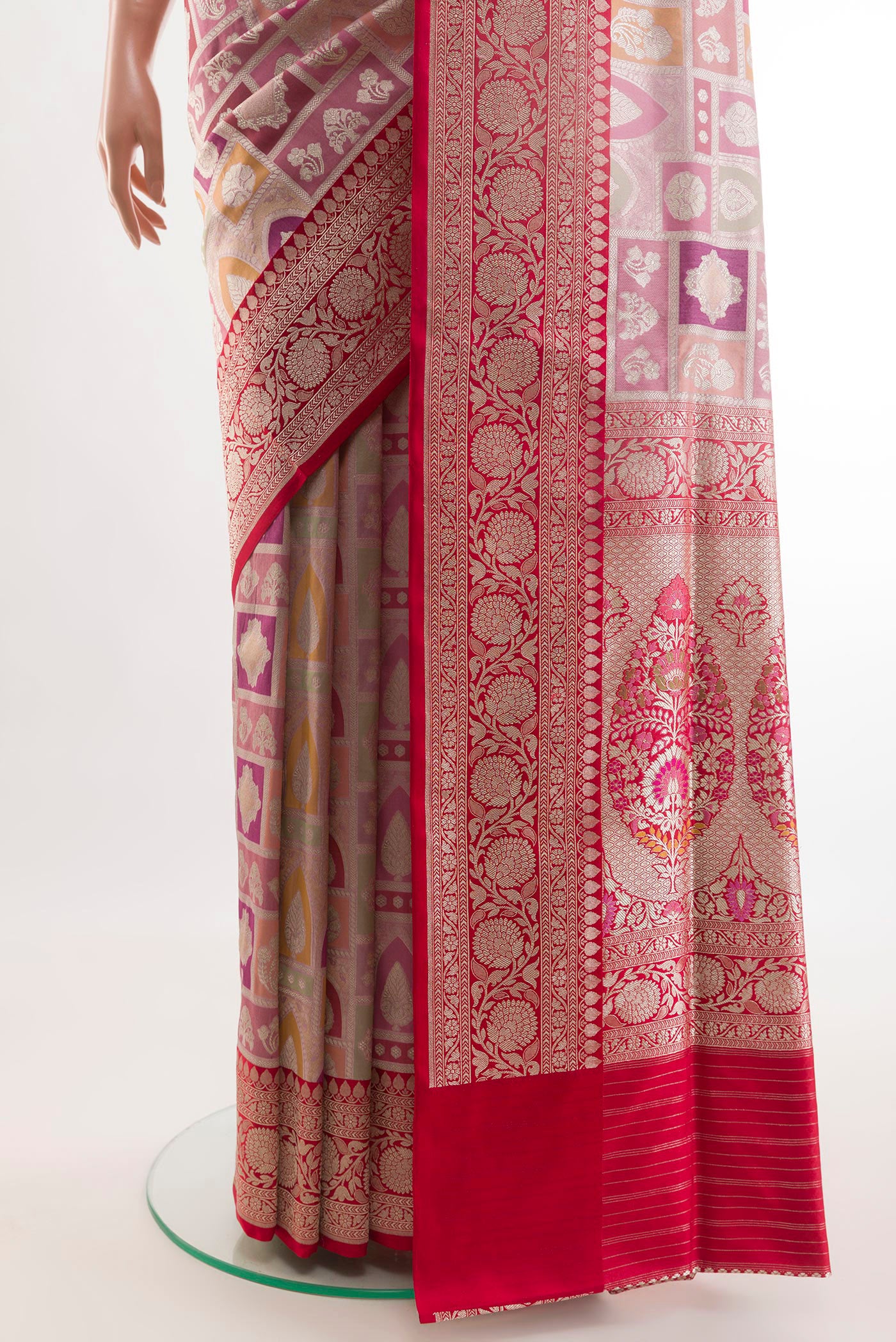 Pleats and pallu of Multi Color Banarasi Silk Saree with Zari Brocade on the body and Zari Border. 