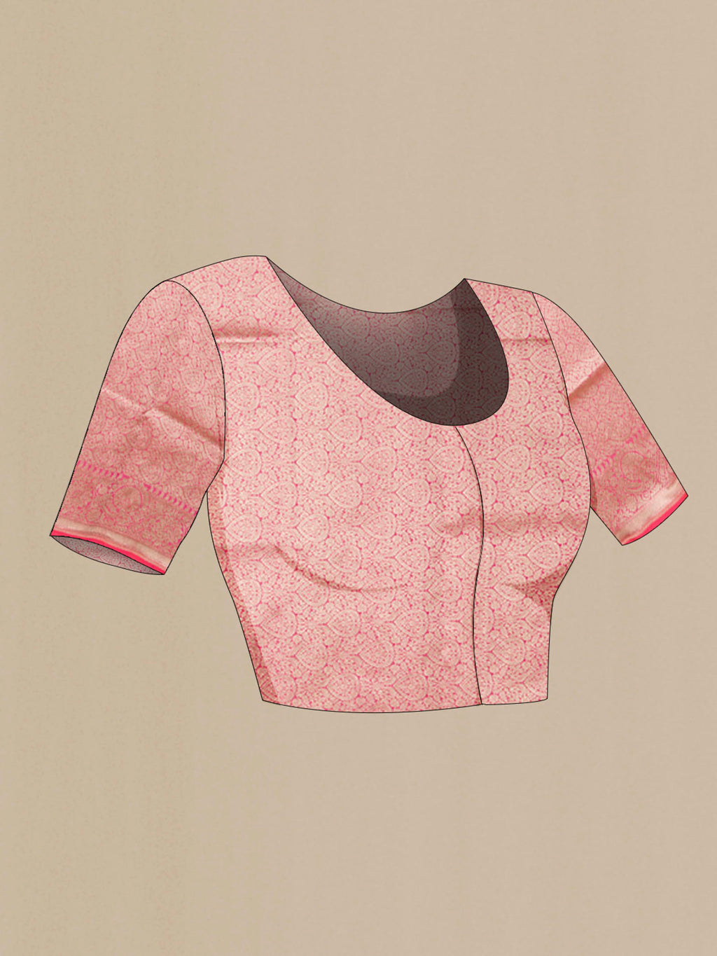 Close up image of the blouse of Pink Banarasi Silk Saree with Zari Brocade on the body and Zari Border
