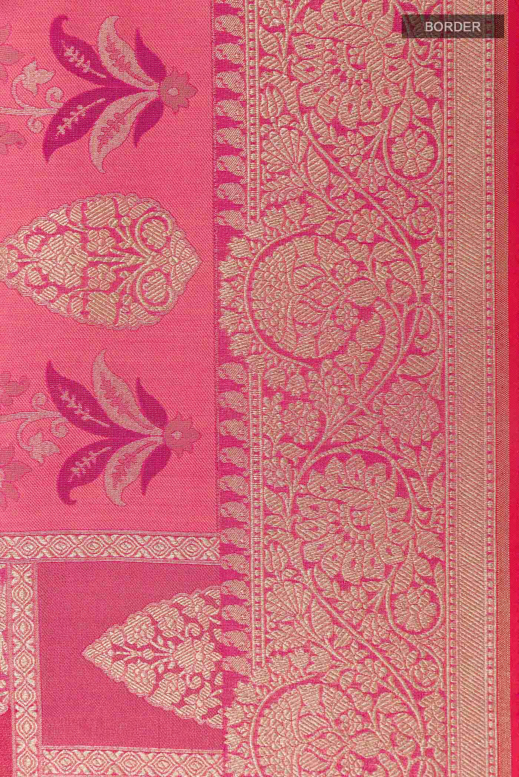Border image of Pink Banarasi Silk Saree with Zari Brocade on the body and Zari Border
