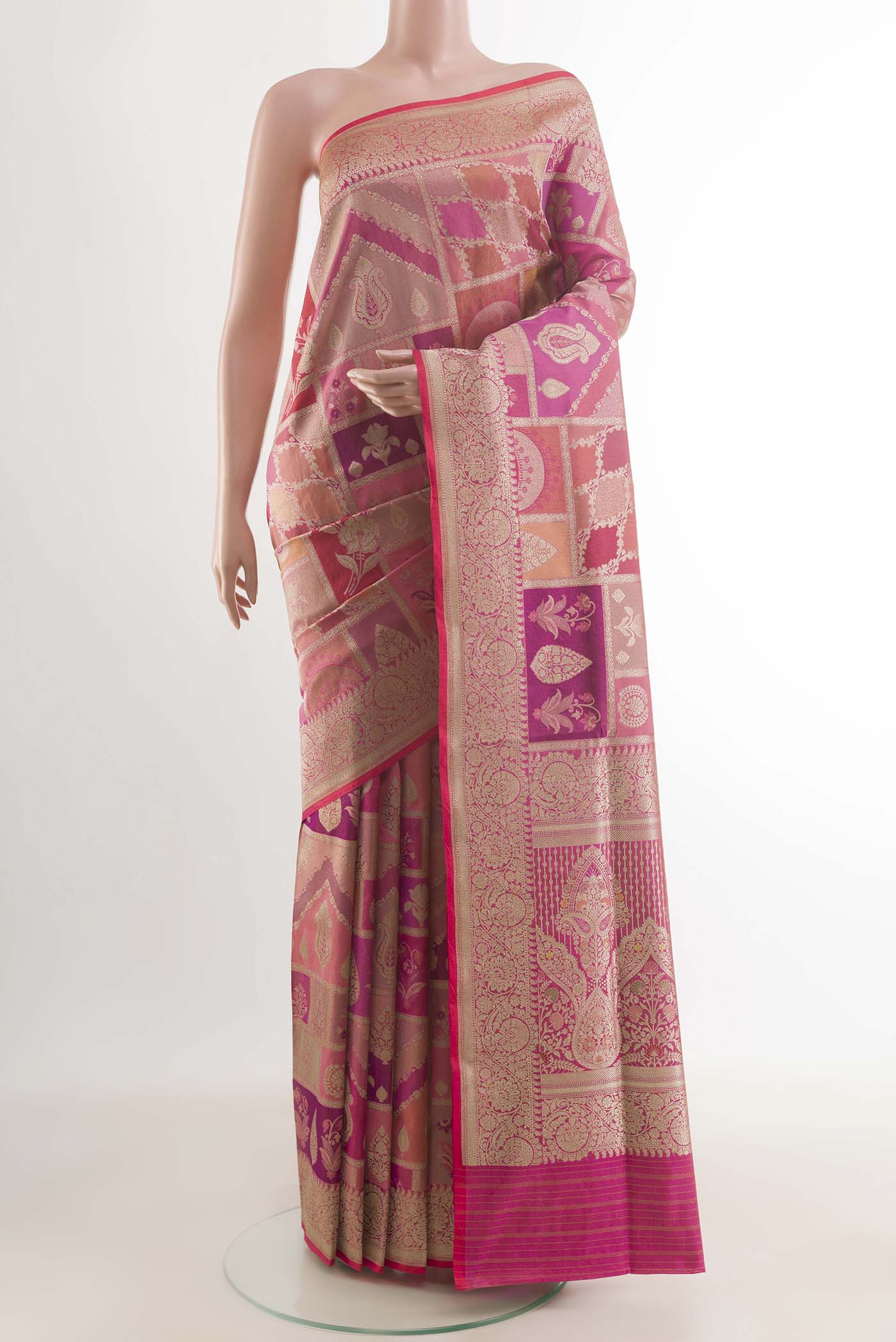 Pink Banarasi Silk Saree with Zari Brocade on the body and Zari Border displayed on a mannequin