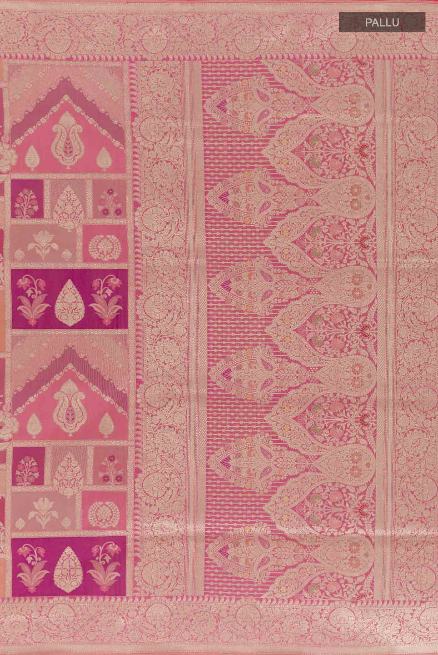 Close up image of the pallu of Pink Banarasi Silk Saree with Zari Brocade on the body and Zari Border
