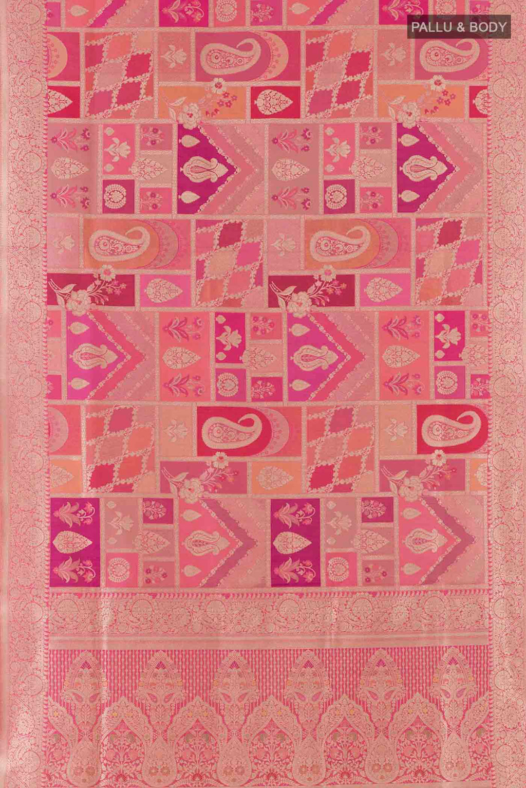 Flat view of Pink Banarasi Silk Saree with Zari Brocade on the body and Zari Border