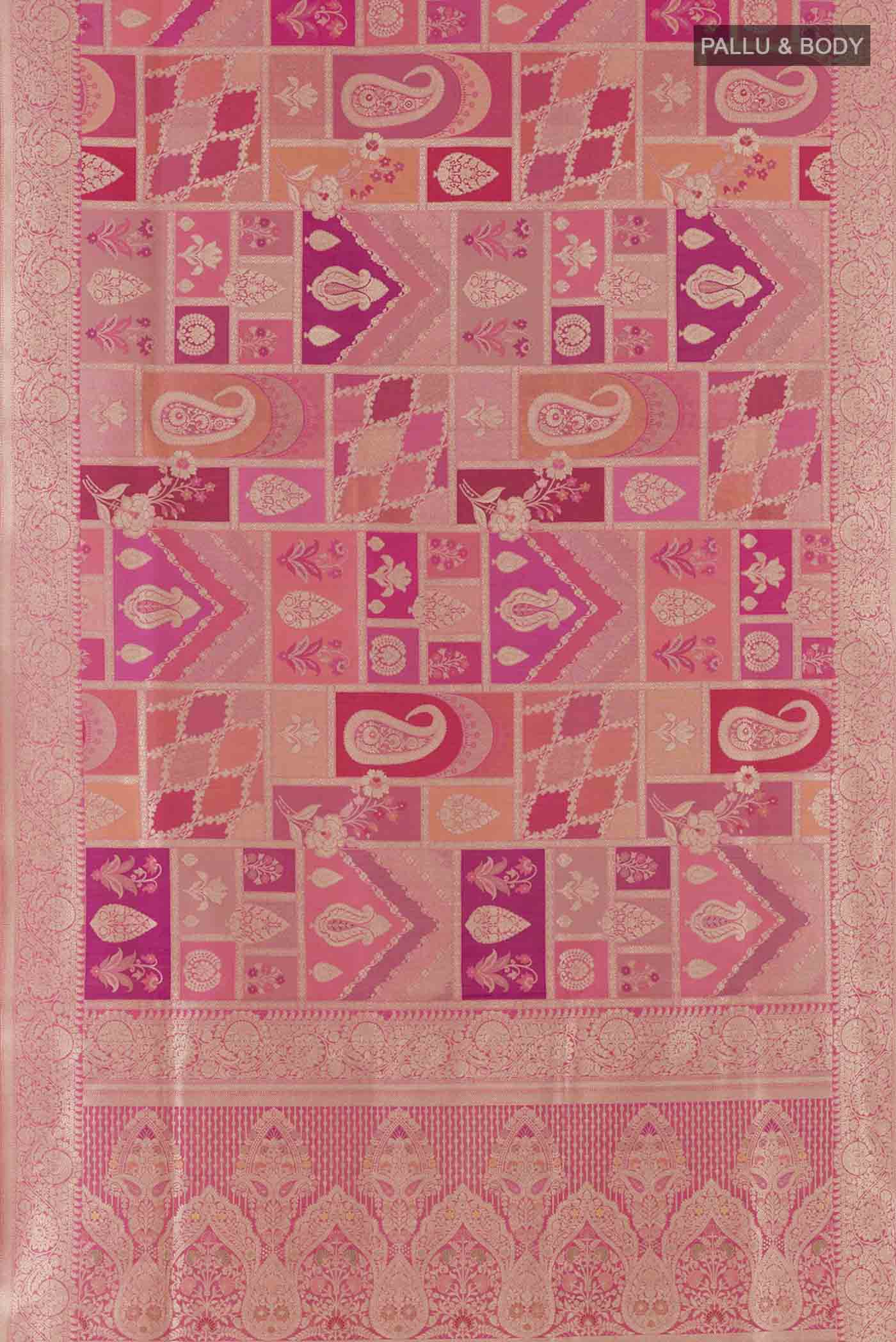 Flat view of Pink Banarasi Silk Saree with Zari Brocade on the body and Zari Border