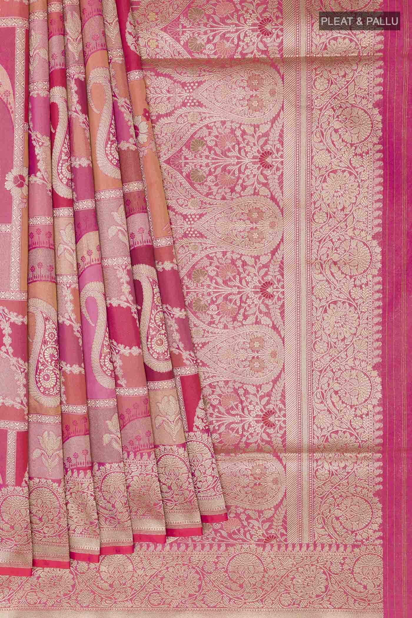 Pleats and pallu of Pink Banarasi Silk Saree with Zari Brocade on the body and Zari Border
