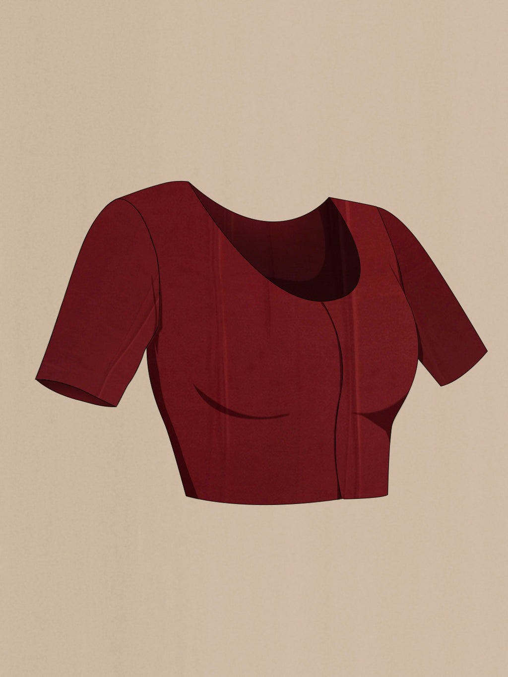 Close up image of the blouse of Maroon Printed Silk Saree with Printed design on the body and Zari Border