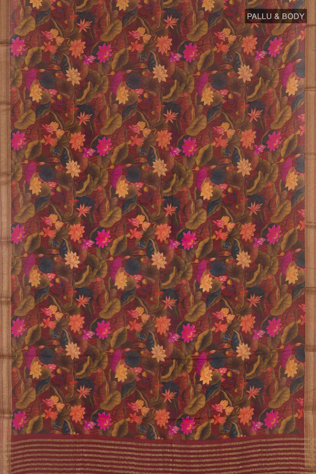 Flat view of Maroon Printed Silk Saree with Printed design on the body and Zari Border
