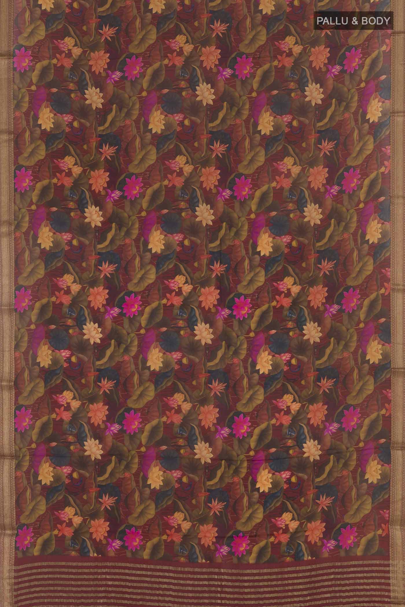 Flat view of Maroon Printed Silk Saree with Printed design on the body and Zari Border