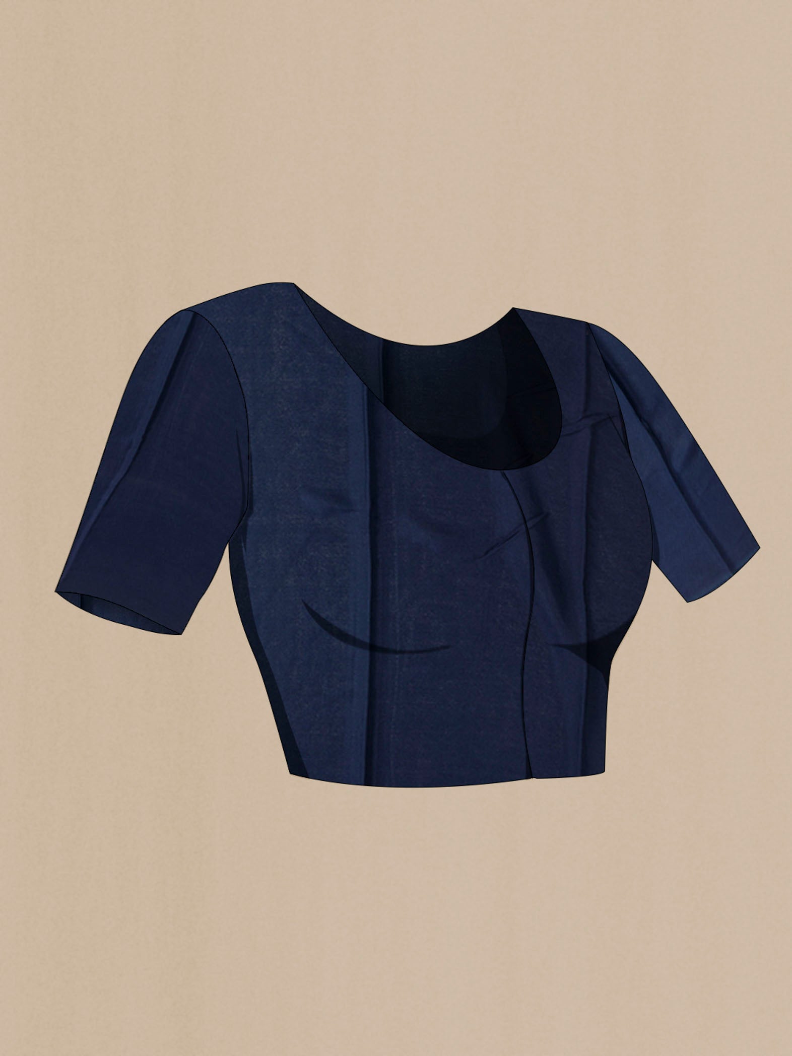 Close up image of the blouse of Blue Crepe Saree with Printed design on the body and Zari Border