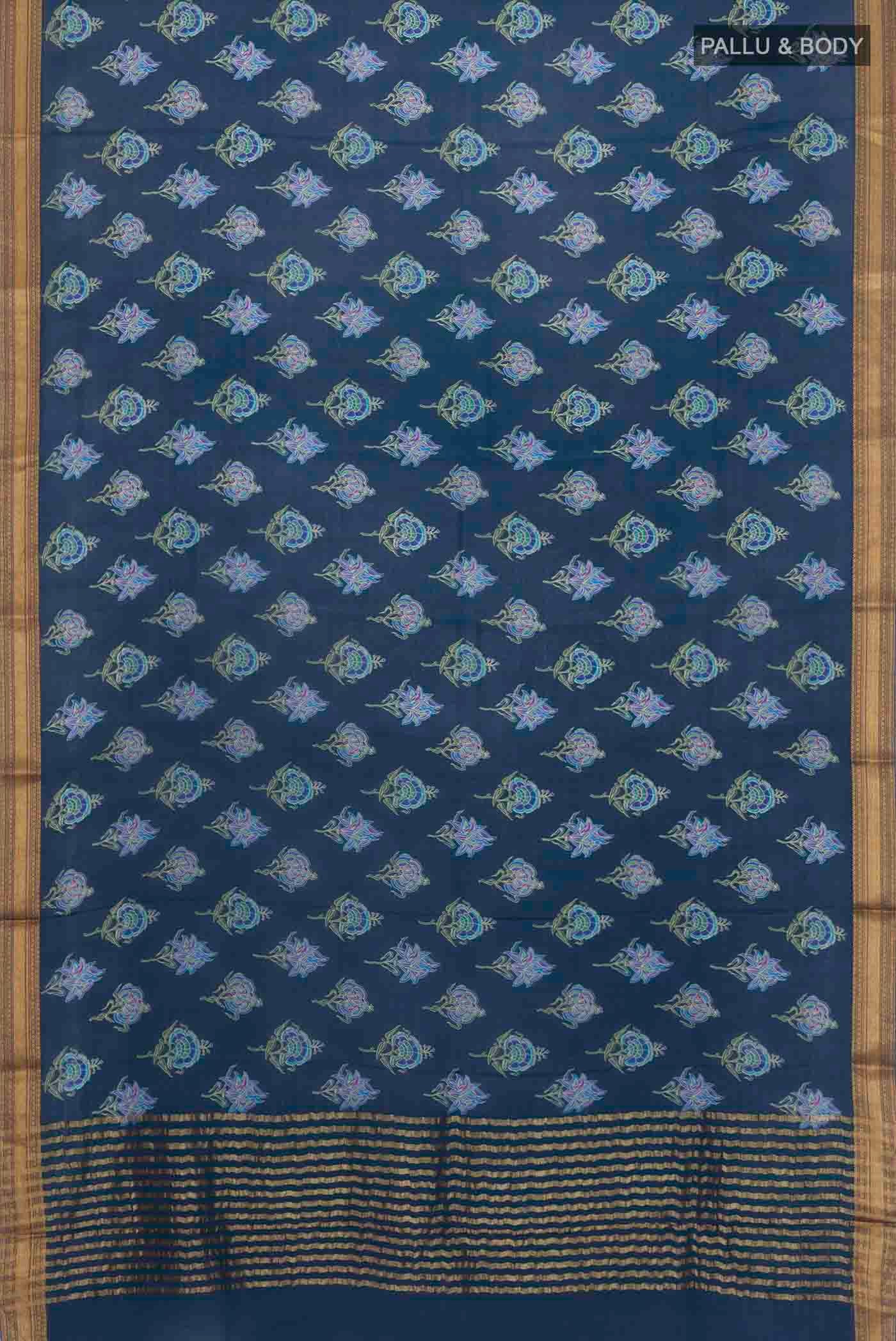 Flat view of Blue Crepe Saree with Printed design on the body and Zari Border