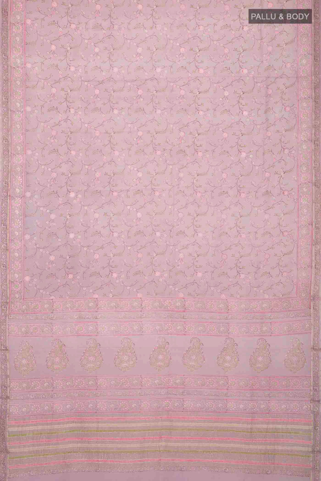 Flat view of Lavender Mysore Crepe Saree with Printed design on the body and Zari Border