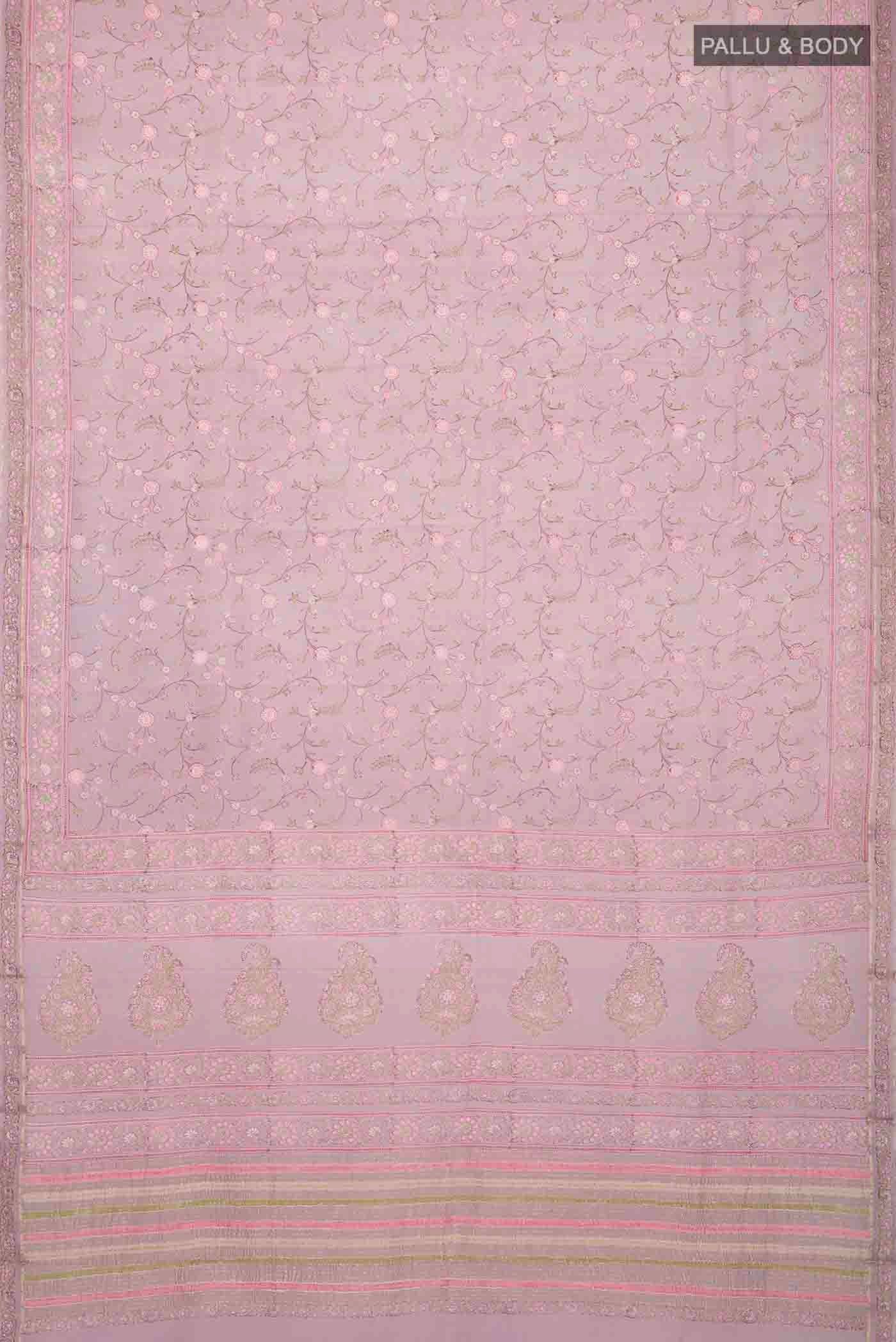 Flat view of Lavender Mysore Crepe Saree with Printed design on the body and Zari Border