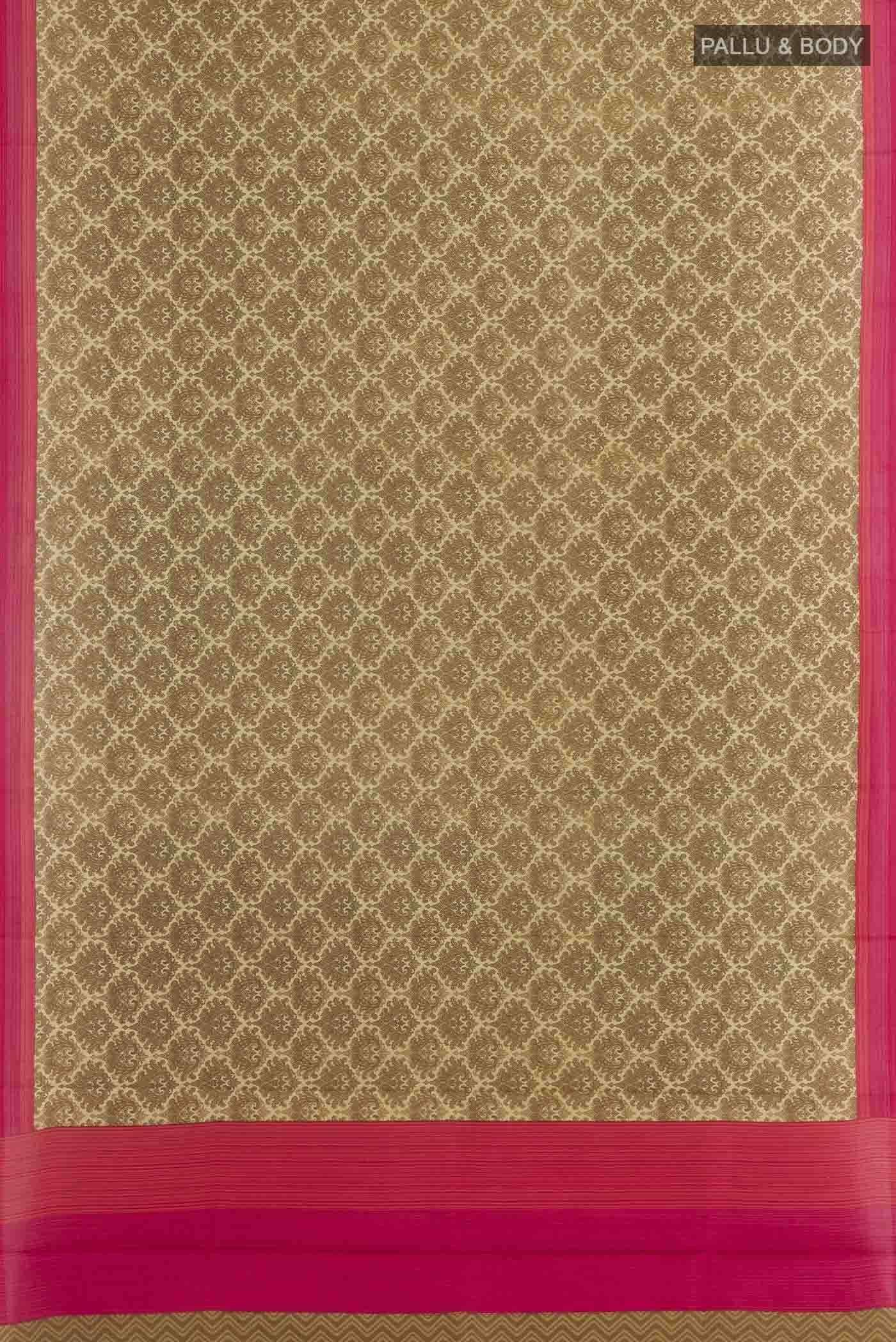 Flat view of Beige Printed Silk Saree with Printed design on the body and Plain Border. 