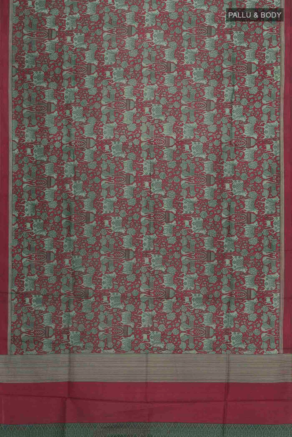 Flat view of Maroon Printed Silk Saree with Printed design on the body and Plain Border